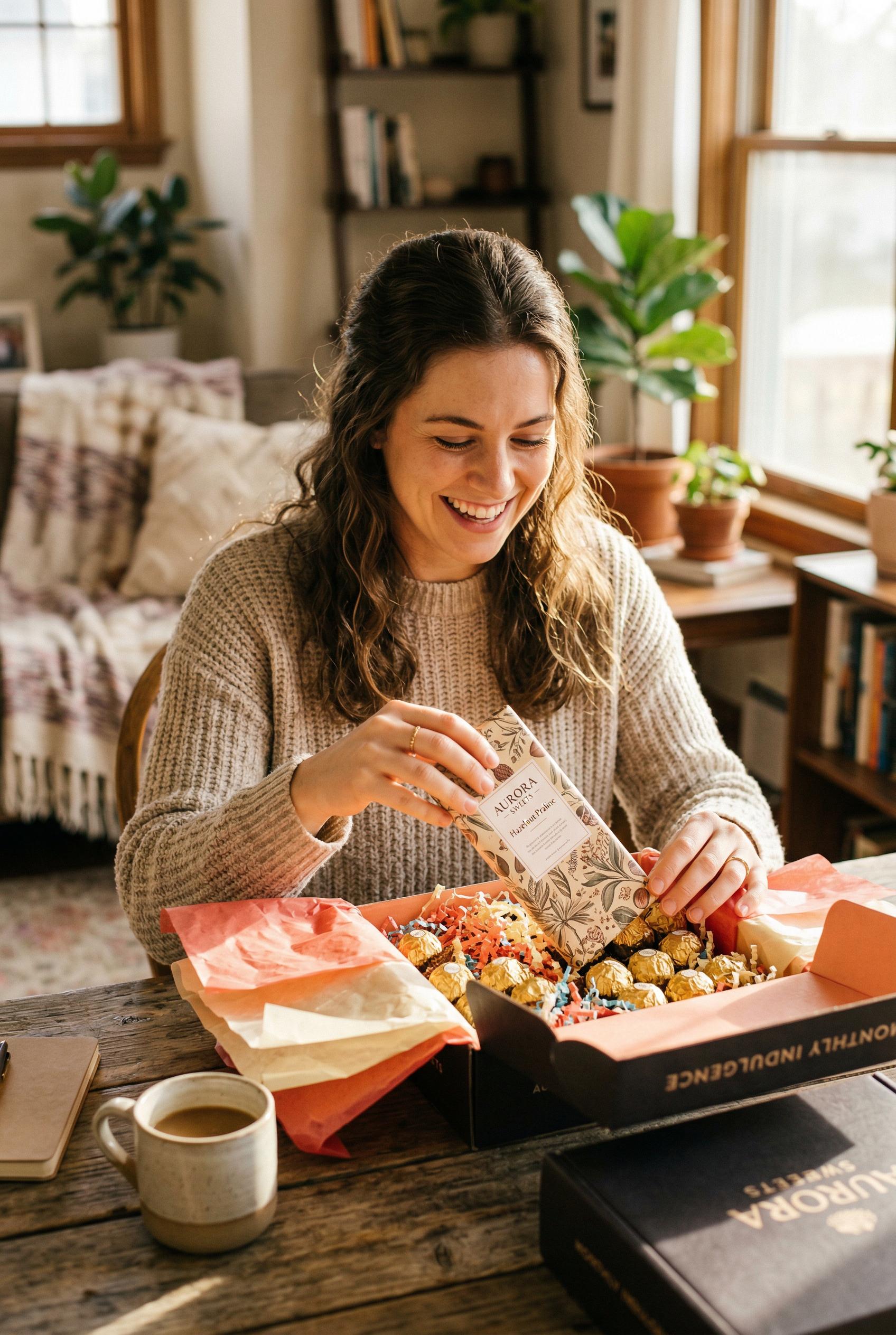 A woman with a genuine excited smile unboxing a premium subscription box at her kitchen table in a warm sun...