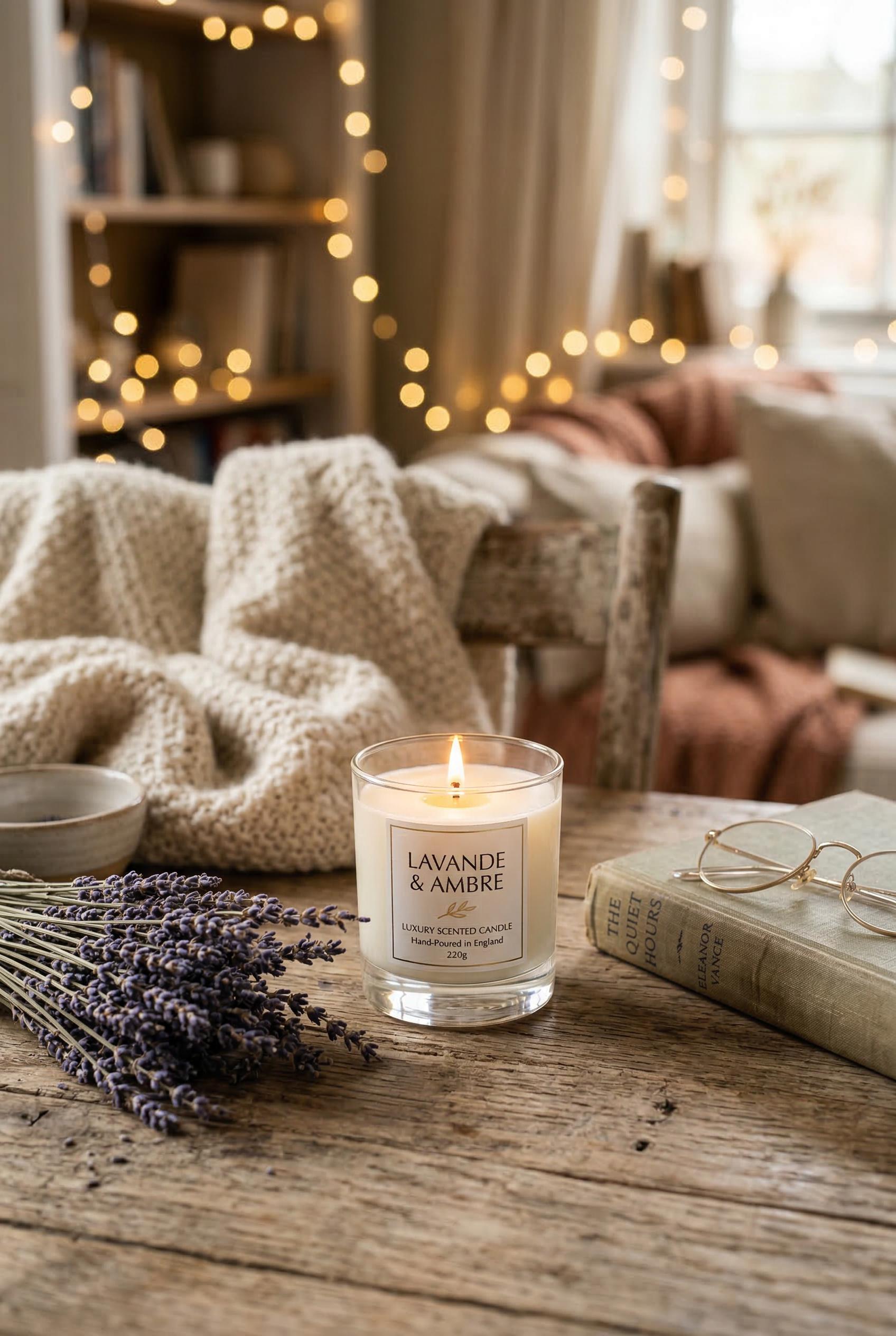 A luxury scented candle in an elegant glass jar on a rustic wooden table, surrounded by dried lavender, a knitted blanke