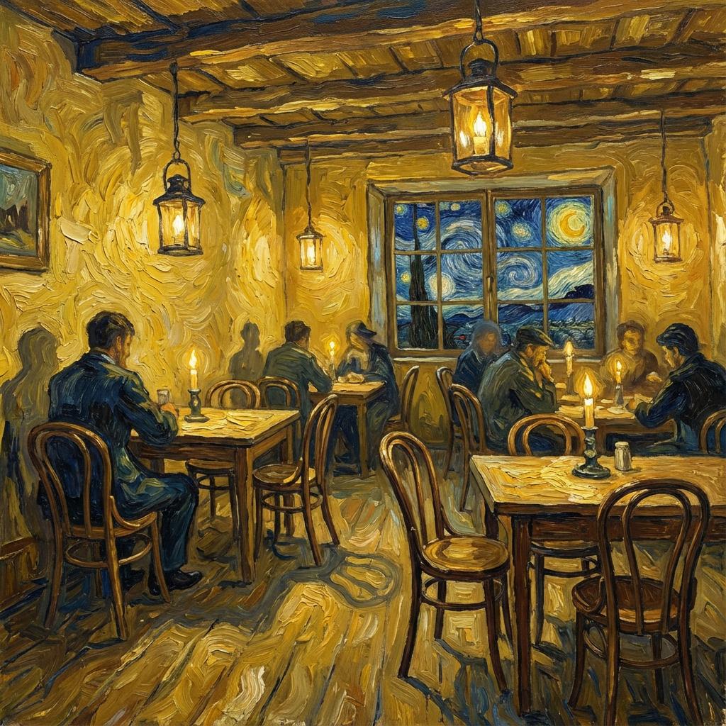 Cozy cafe interior with Van Gogh's swirling technique, yellow walls with bold brush textures, wooden