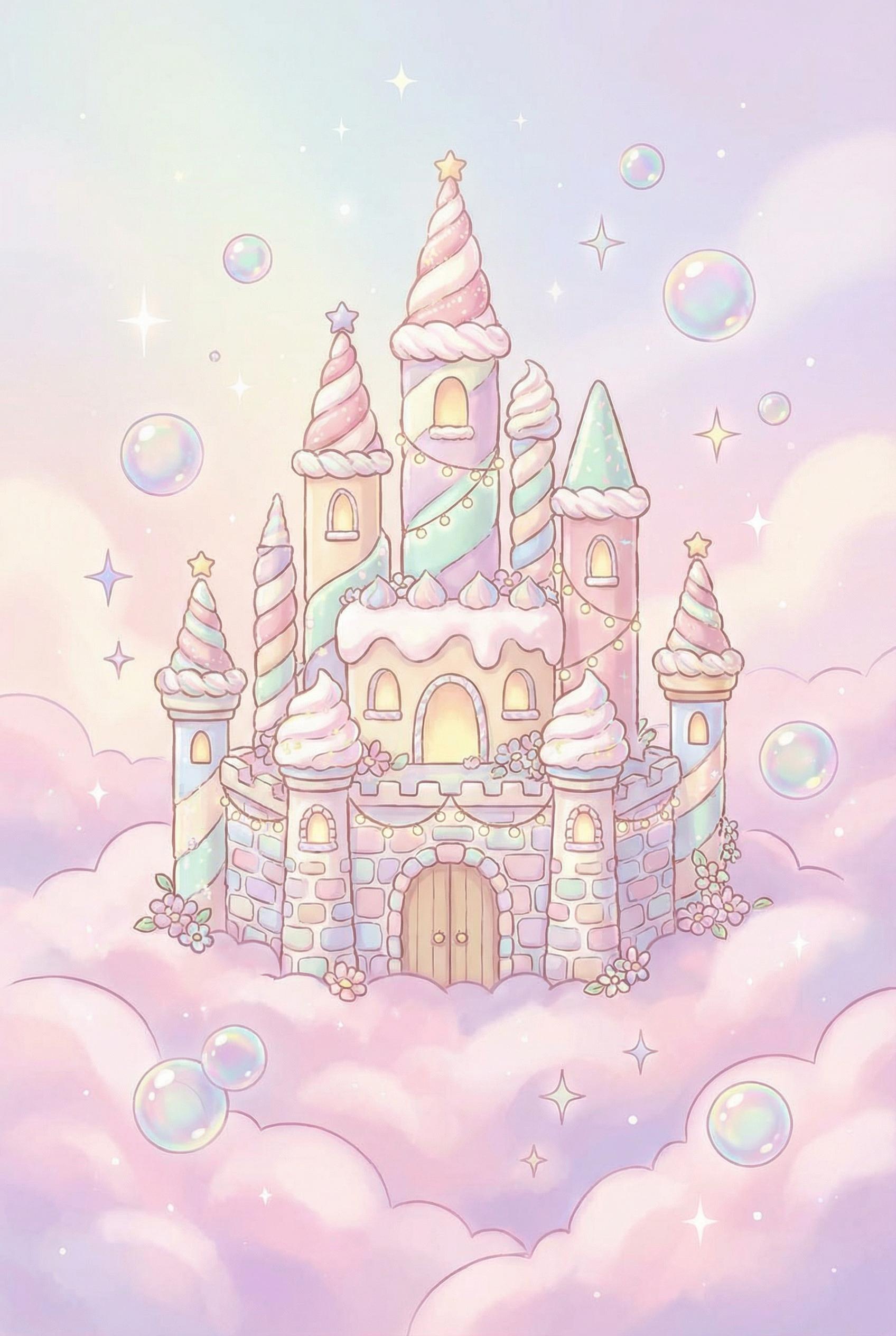 A whimsical dreamscape of a castle floating on fluffy pink and lavender clouds, iridescent bubbles floating in the air, soft pastel color palette, sparkling stars, ethereal lighting, cute and cozy aesthetic.
. Create this image in Pastel Style