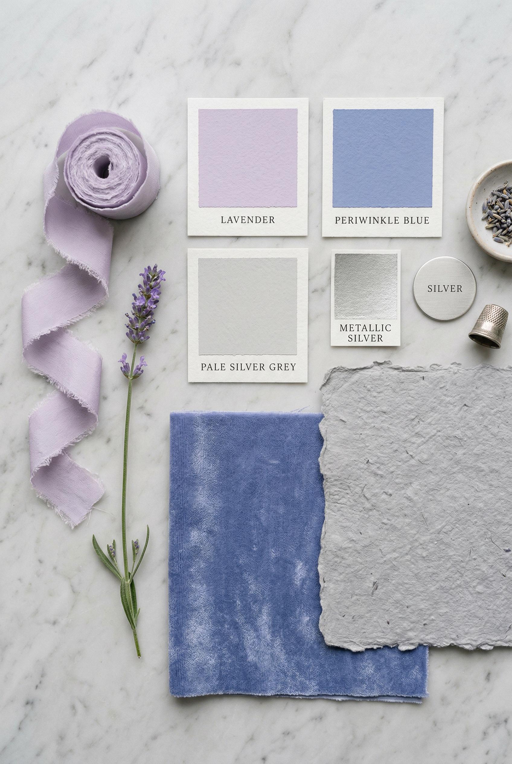 A styled vignette mood board featuring color swatches and tactile elements in soft lavender, periwinkle blue, pale silve