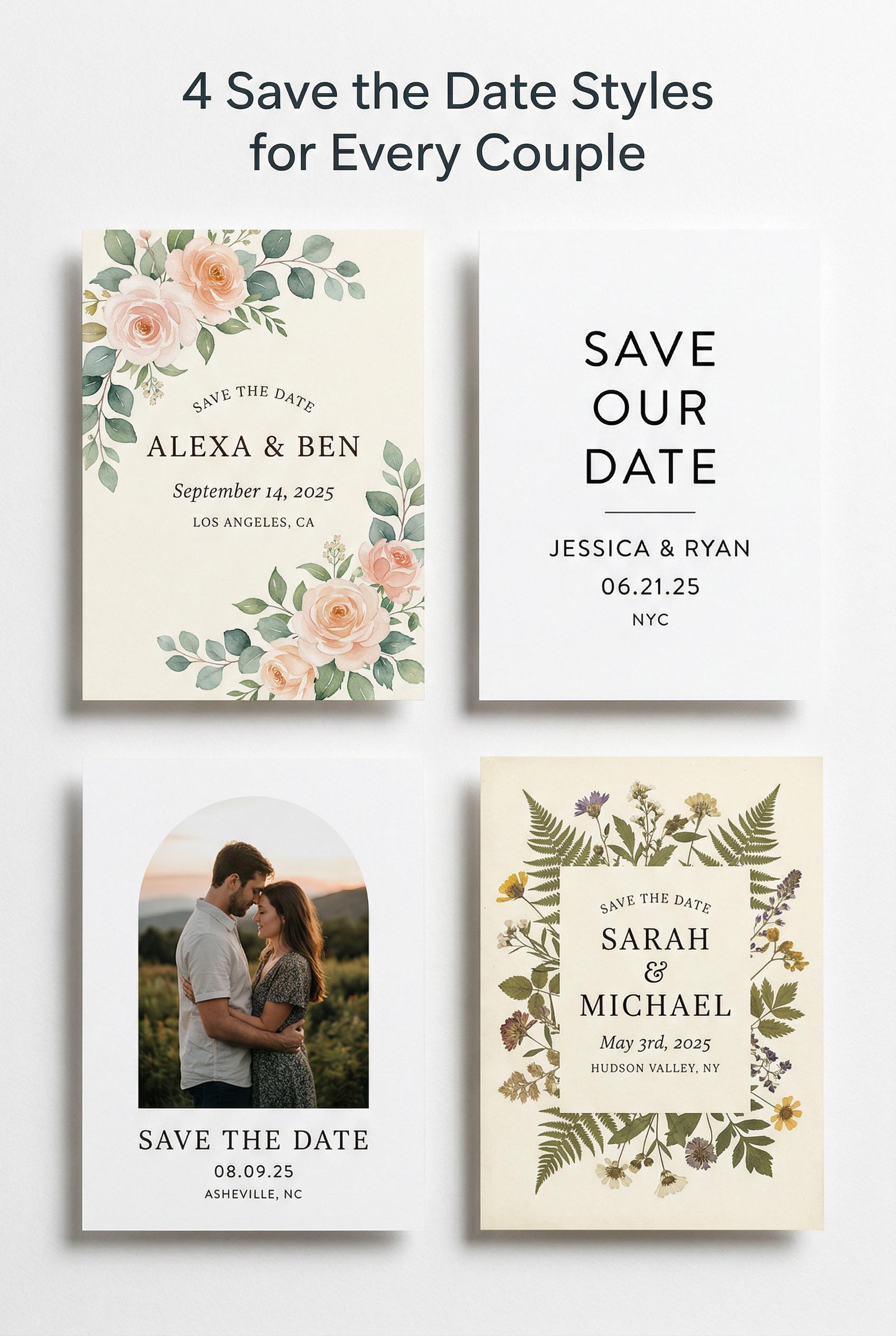 A clean 2x2 grid layout on a white background showcasing four different save-the-date card designs. Top left: a watercol