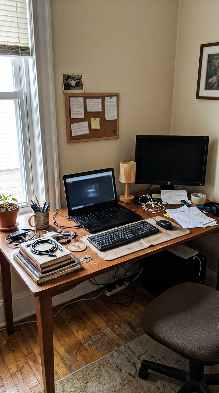 Amateur handheld phone photo of a slightly messy home desk area before redesign, imperfect wide-angle frami...
