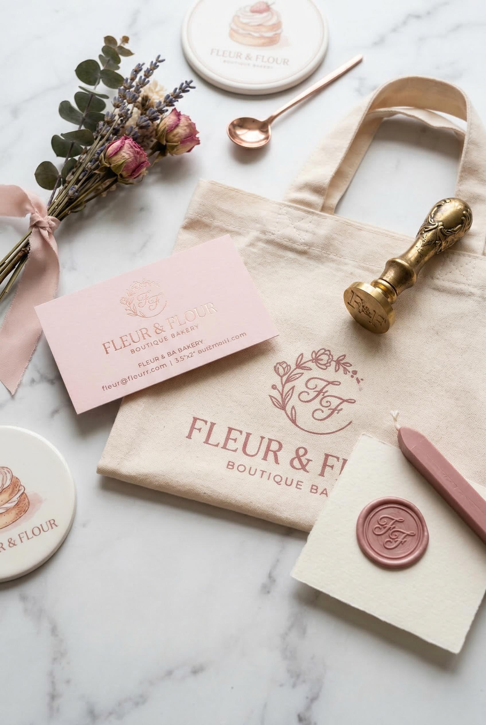 A complete brand identity suite mockup for a boutique bakery arranged on a white Carrara marble surf