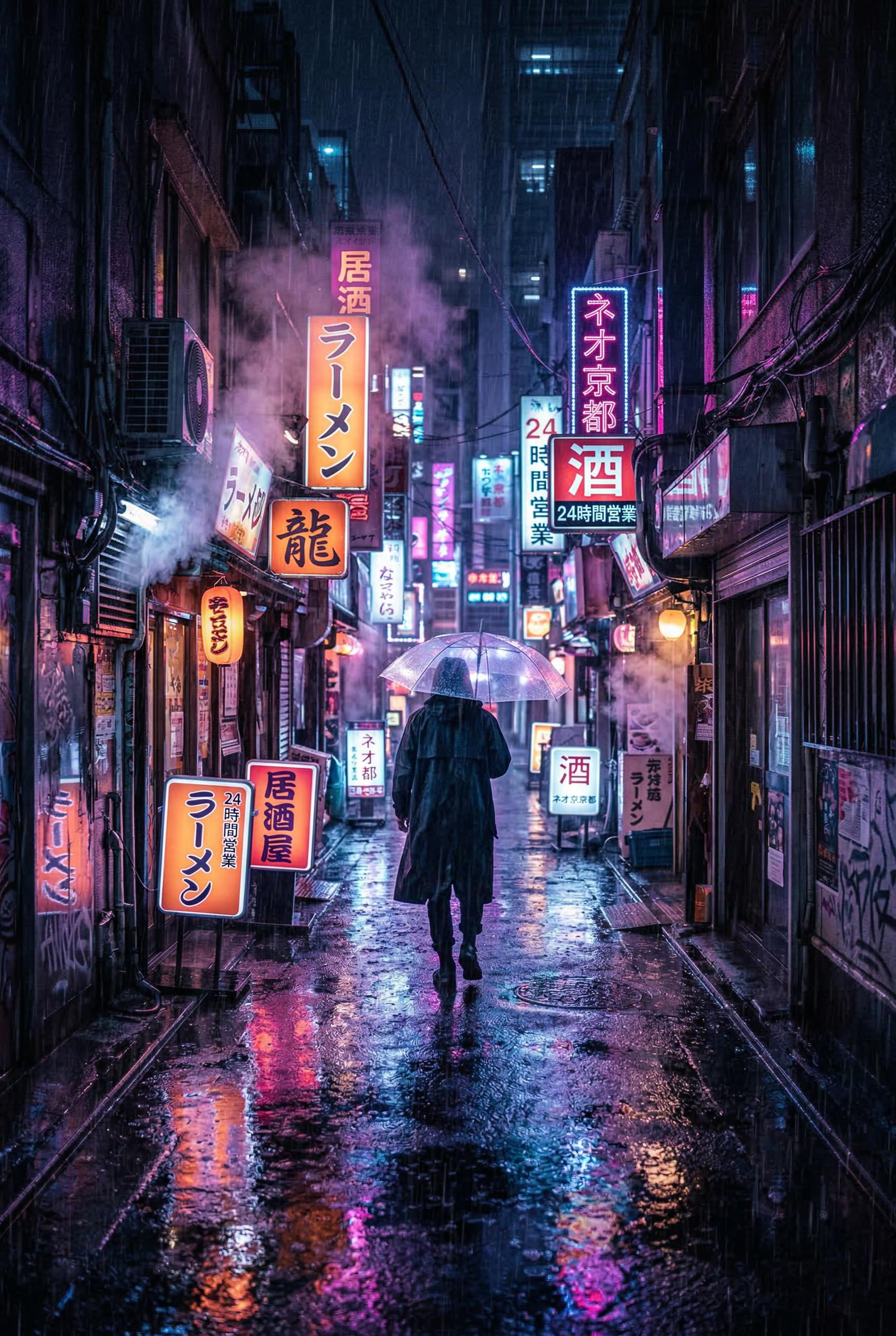 A narrow rain-soaked cyberpunk back alley at night in a futuristic Asian megacity, heavy rain pouring down with visible 