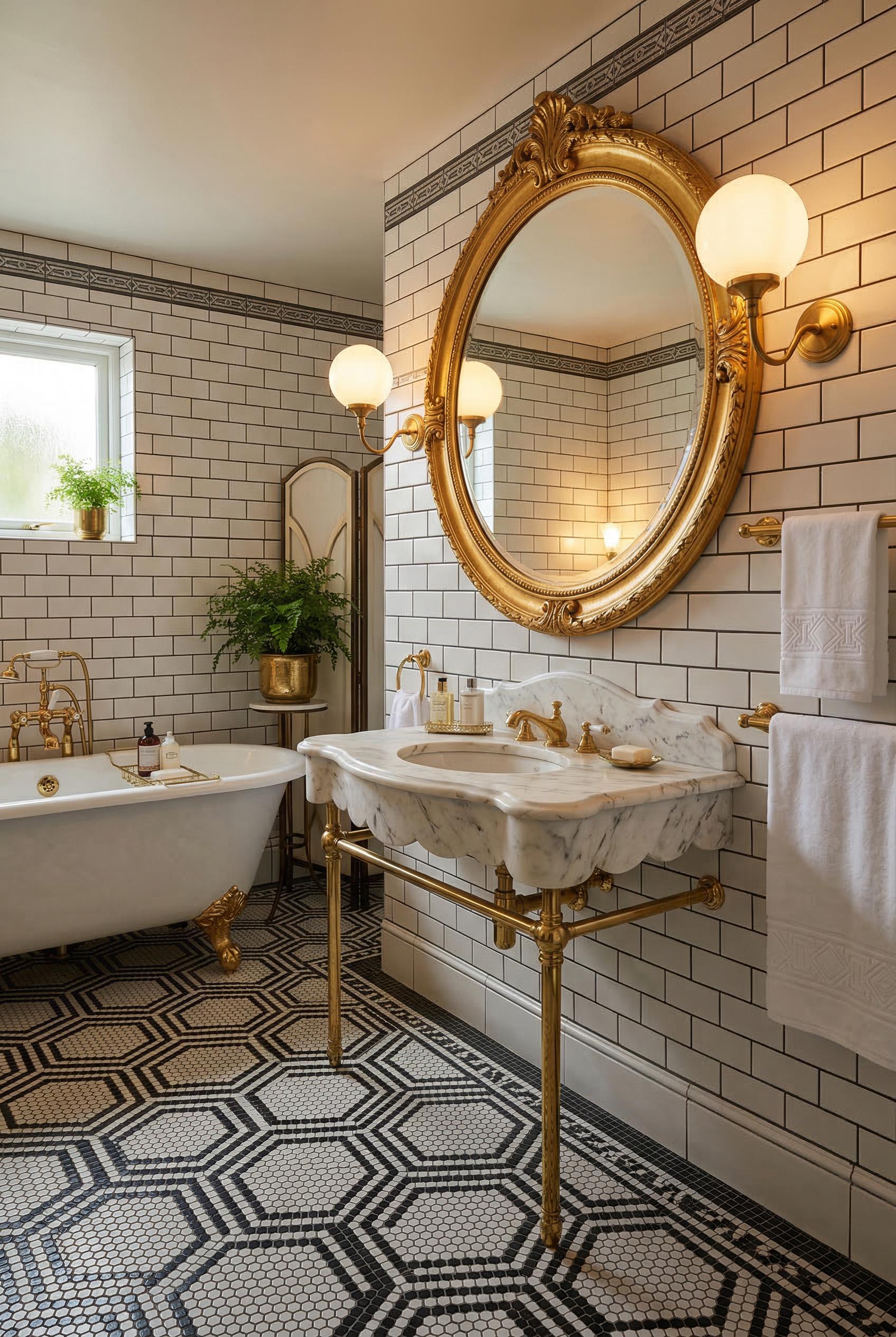 An elegant art deco bathroom with black-and-white geometric hexagonal floor tiles in a bold repeating pattern. A large r