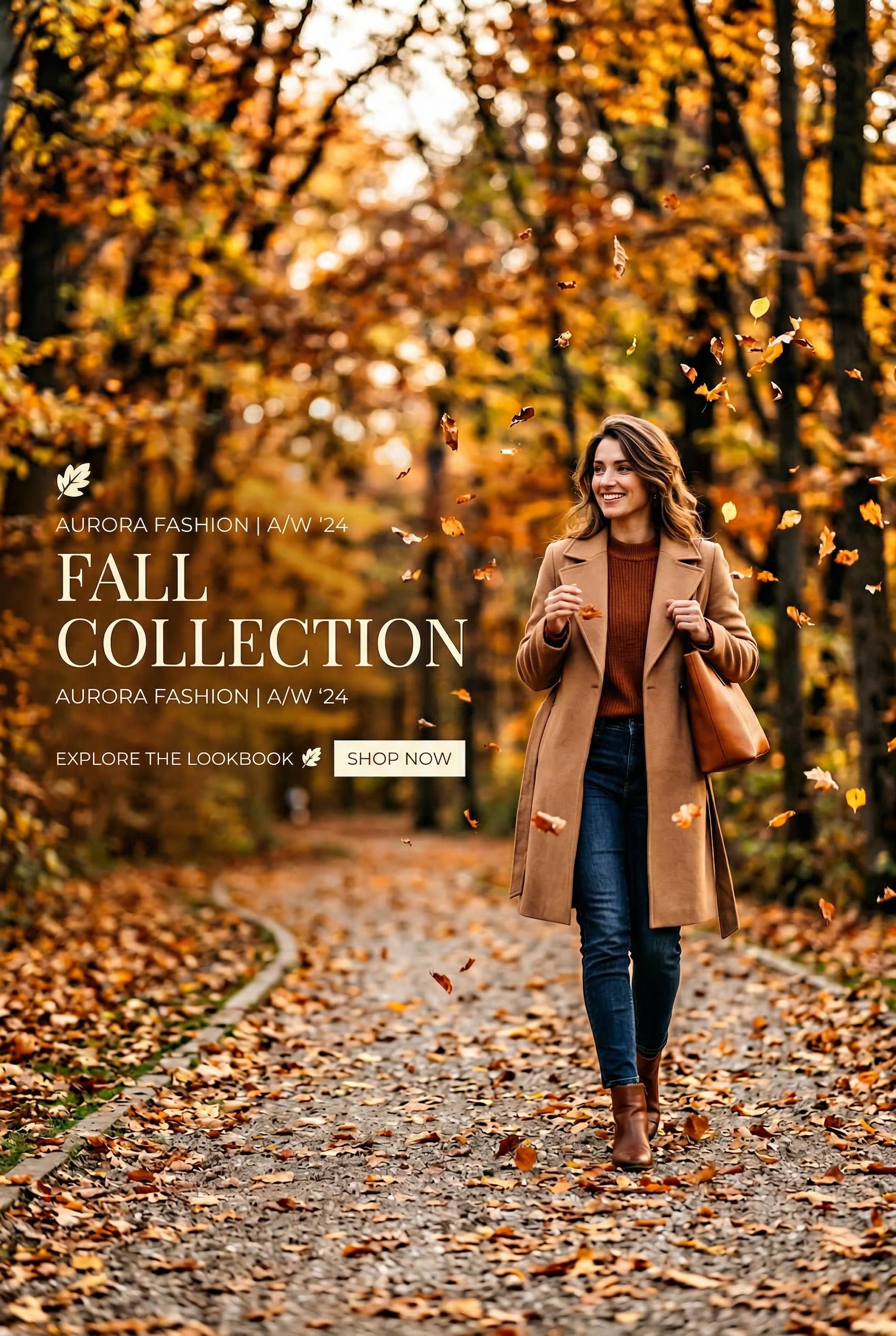 A professional email newsletter header for a fashion brand, featuring a model in autumn clothing walking through falling