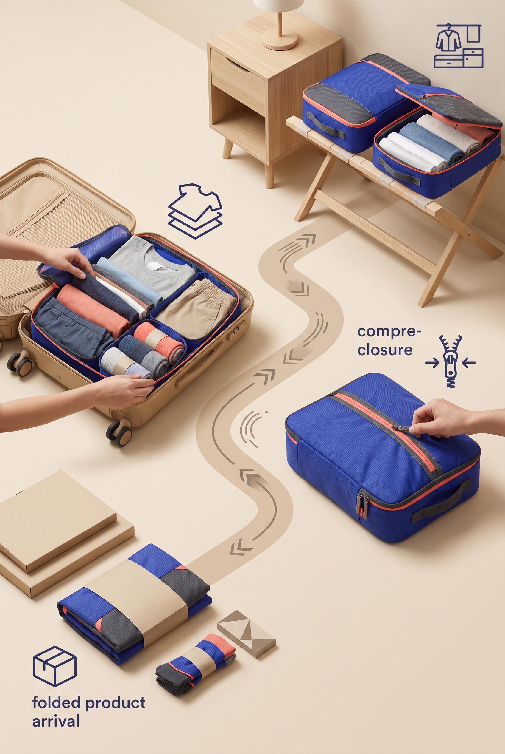 Create a commercial-quality vertical 2:3 Pinterest campaign concept for a reusable luggage organizer