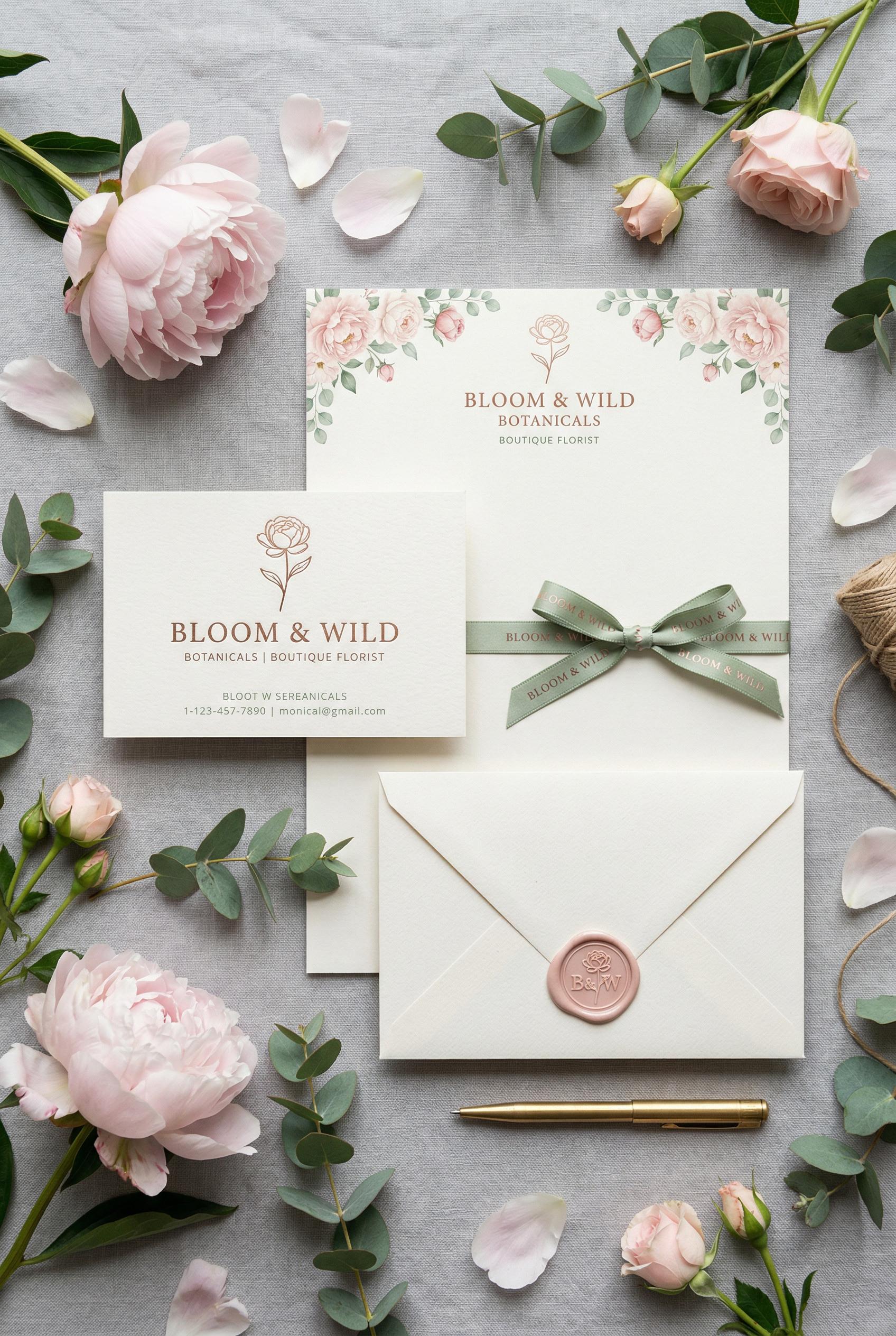 A premium brand identity mockup for a boutique florist displayed across multiple stationery items on