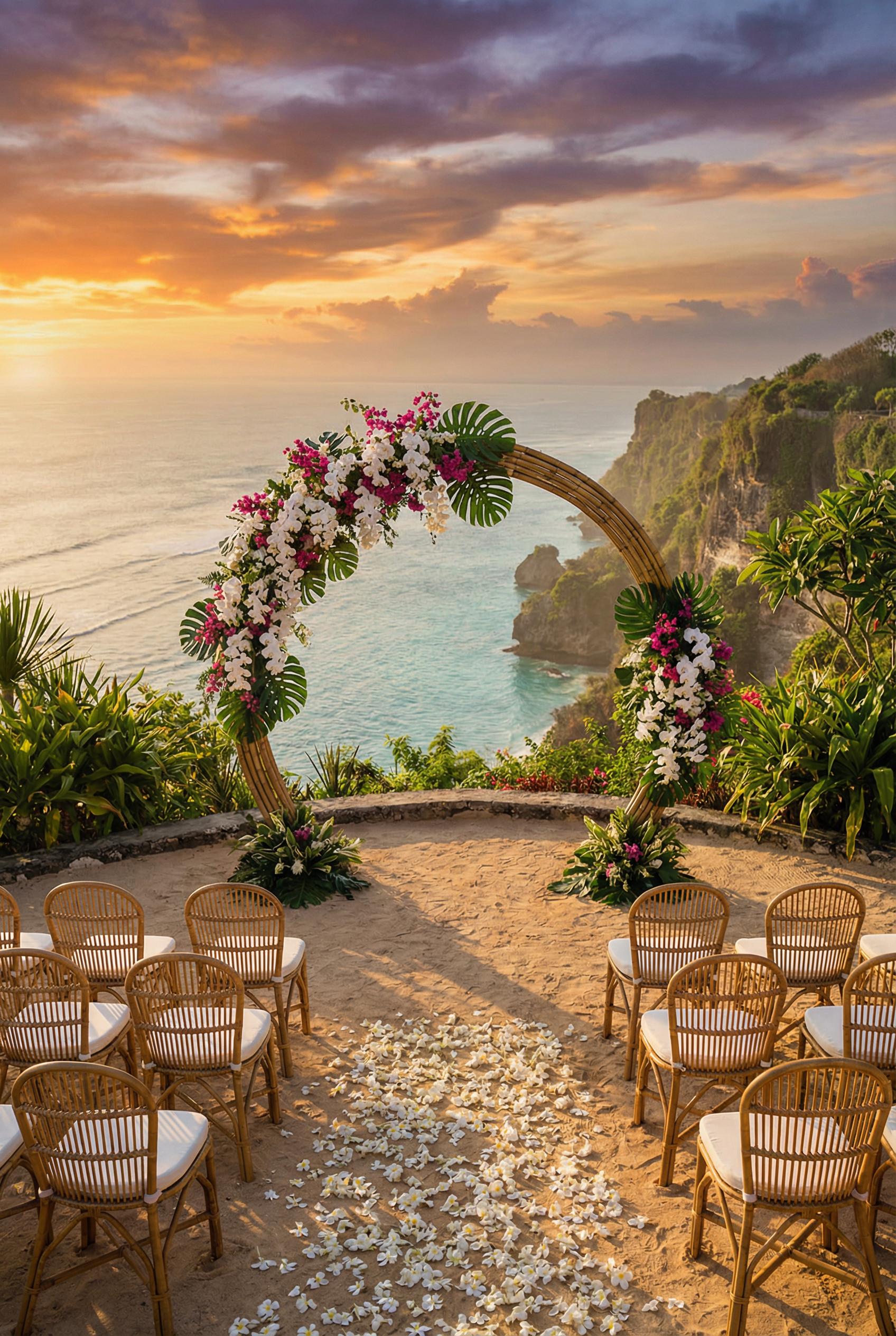 A breathtaking tropical wedding ceremony setup on a cliffside terrace in Bali overlooking the Indian Ocean at sunset, wi