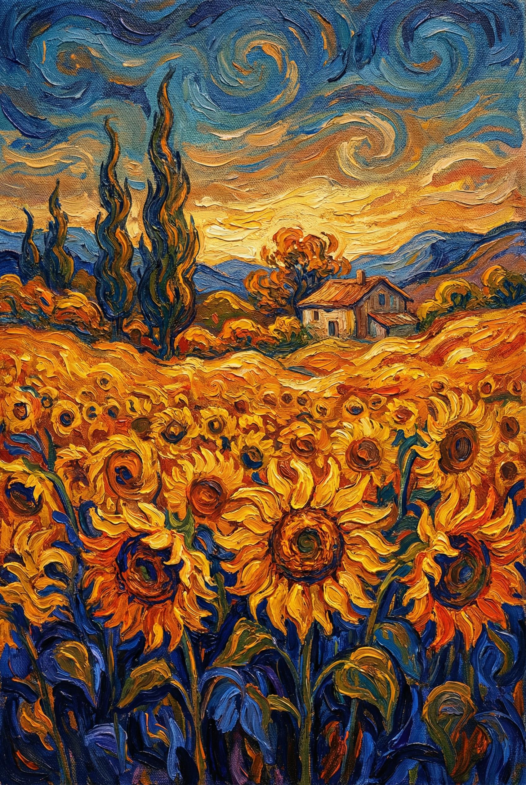 Sunflower field at golden hour rendered in Van Gogh's signature style, thick yellow and orange paint