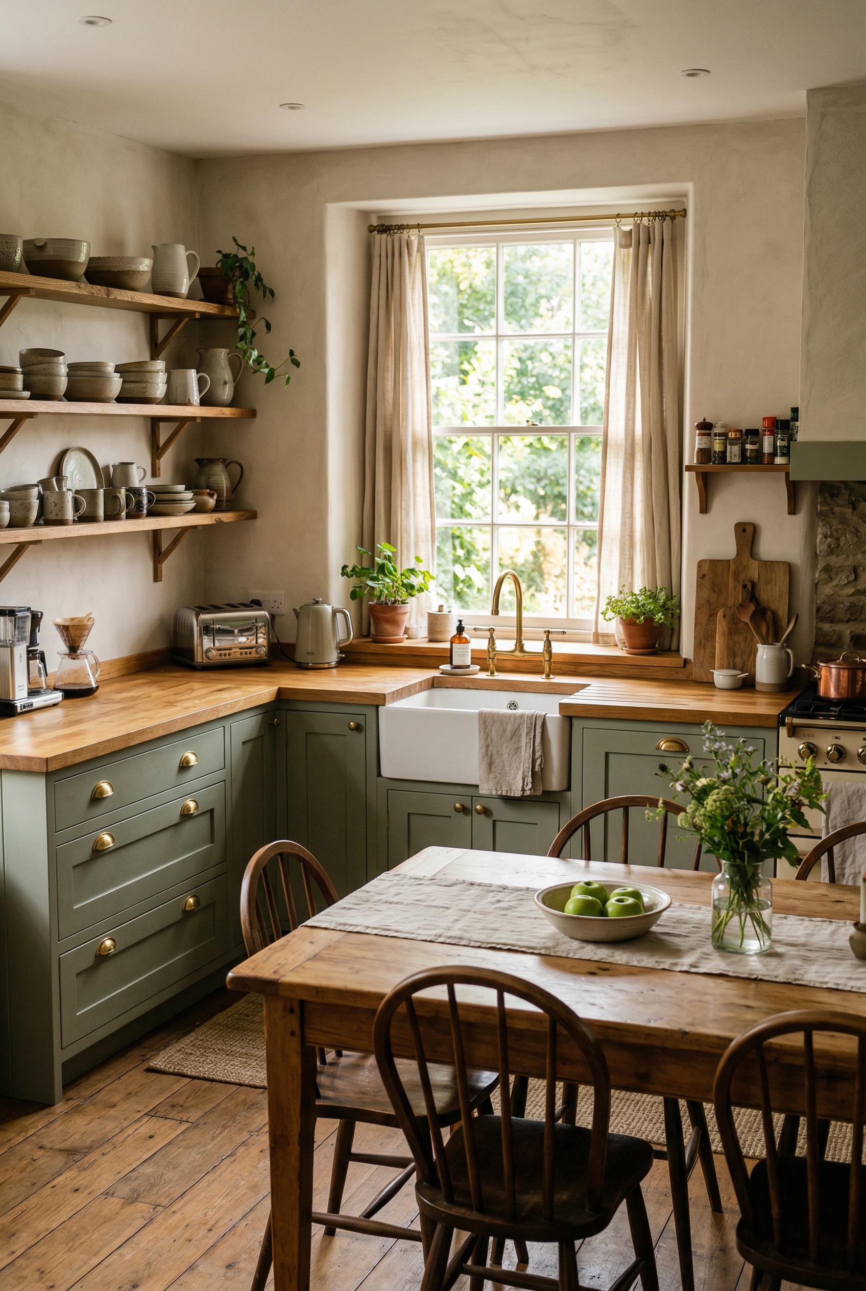 A warm Scandinavian farmhouse kitchen with sage green shaker-style cabinets, golden brass cup-pull hardware, and warm bu