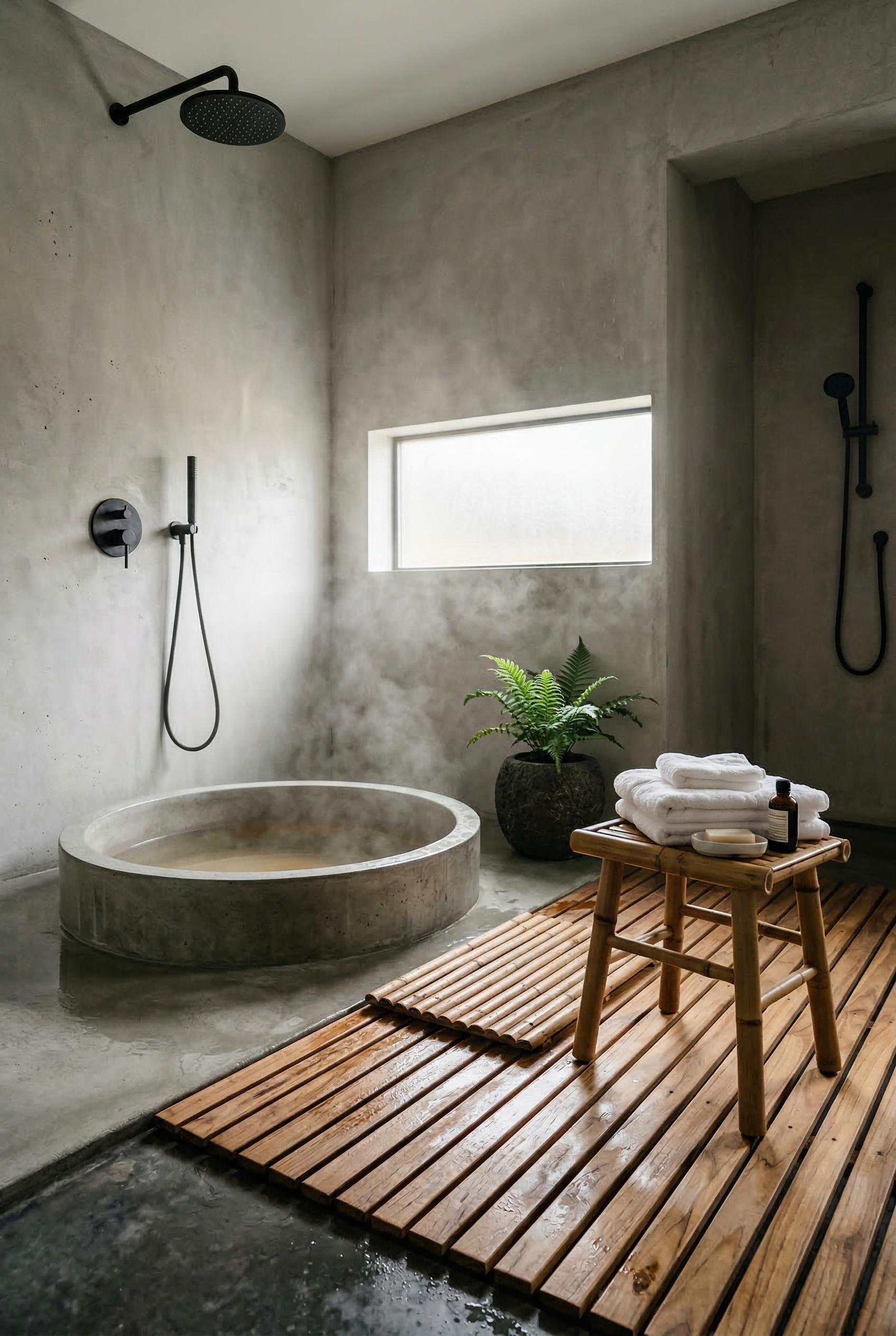 A Japanese-inspired wet room bathroom with horizontal teak wood slat flooring that drains naturally,