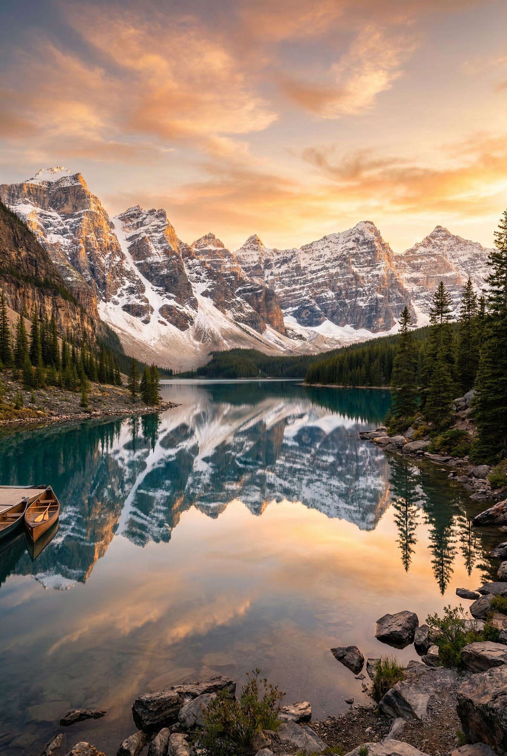 A serene mountain lake at golden hour with perfect mirror reflection, snow-capped peaks in the background, pine forest on the shores, warm golden sunlight, crystal clear water, landscape photography, National Geographic quality, ultra realistic, 4K