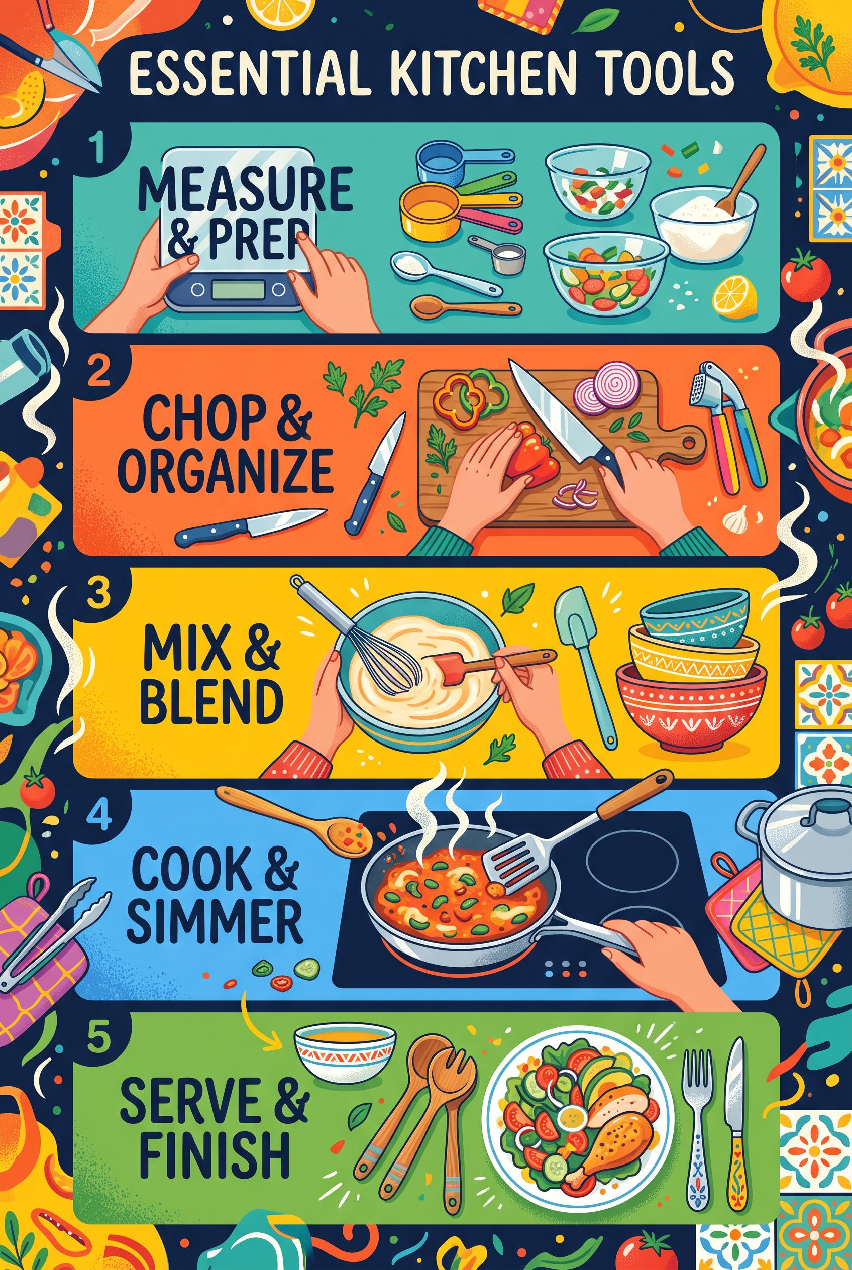 Create a vertical 2:3 composition illustrating essential kitchen tools through a step-by-step format