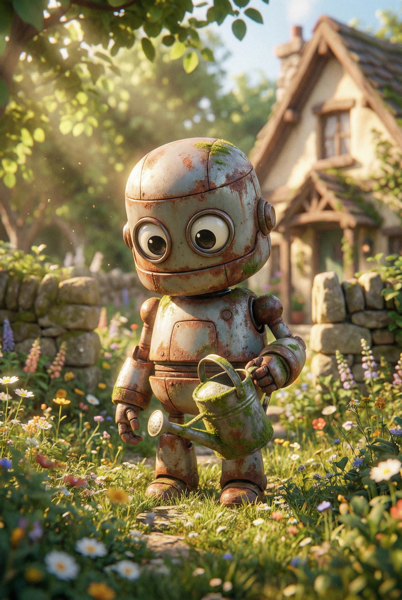 A 3D render of a cute, rusty little robot holding a watering can, standing in a sunlit garden, big expressive eyes, soft rounded shapes, high quality render, subsurface scattering, Pixar animation style.
. Create this image in Pixar Animation Style