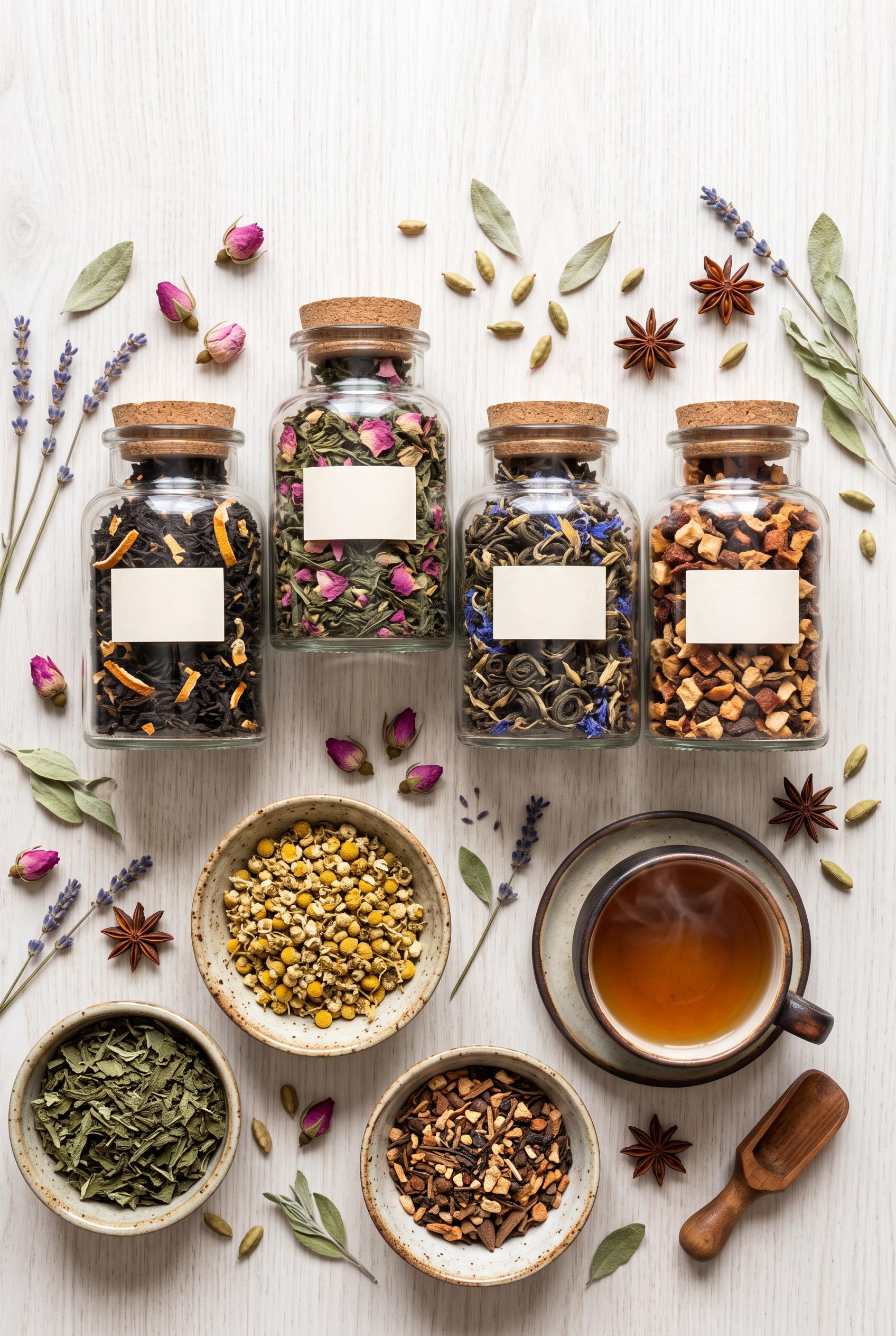 Flat lay of artisan tea collection with various blends, styled with dried herbs and tea cups in vertical 2:...