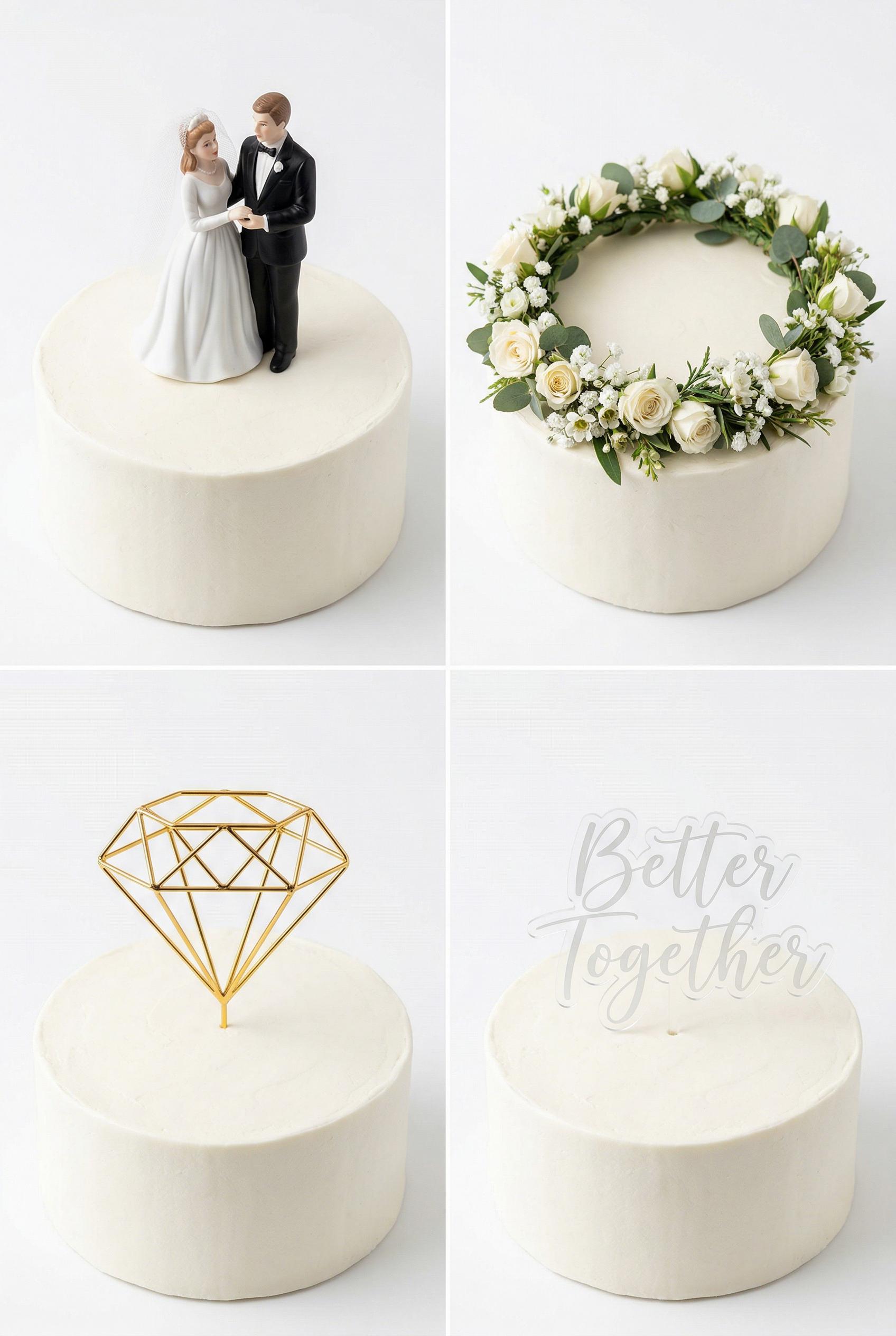 A clean 2x2 grid layout on a white background showcasing four different wedding cake topper styles on simple white frost