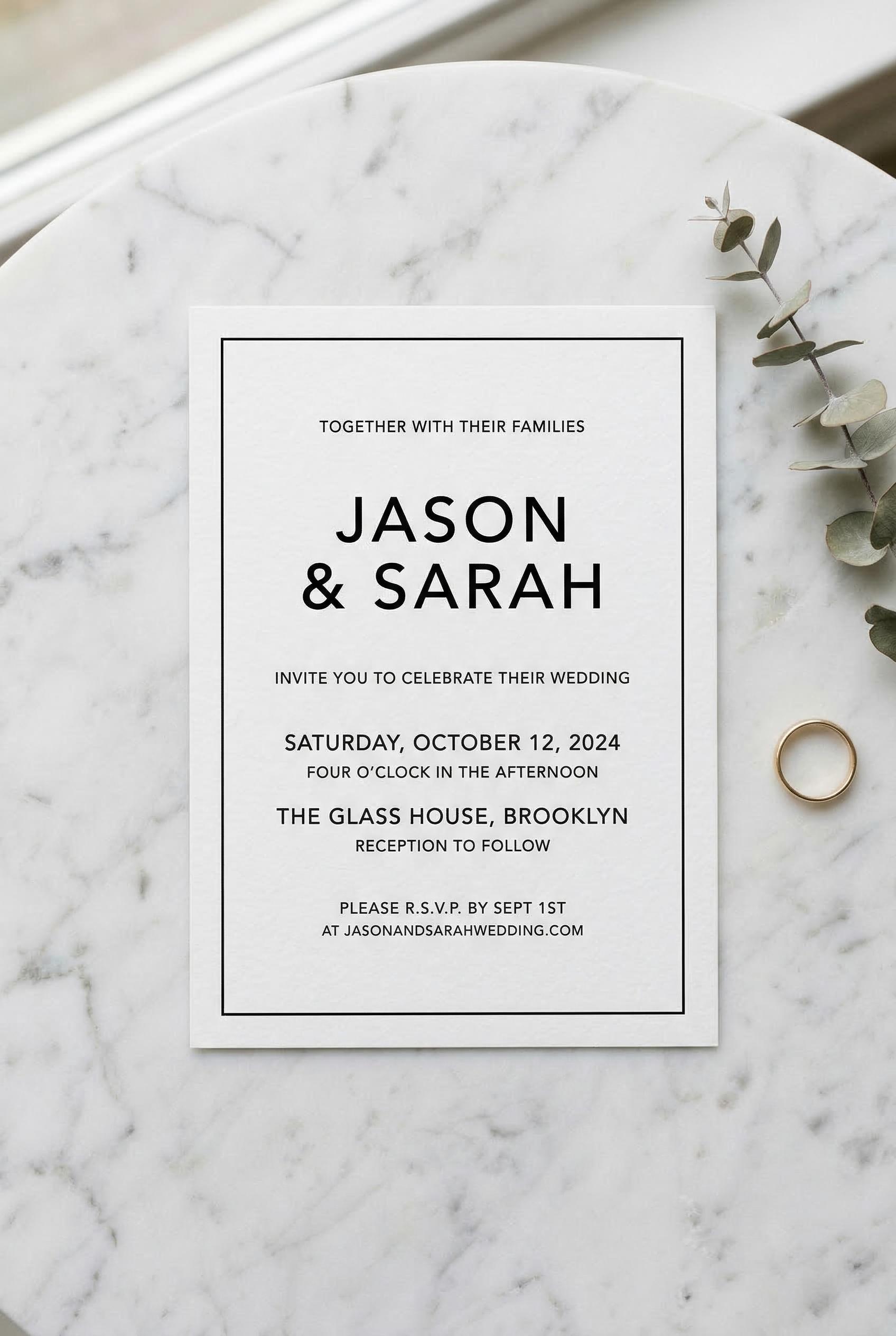 A modern minimalist wedding invitation, clean sans-serif typography, lots of white space, single thin black border, on w