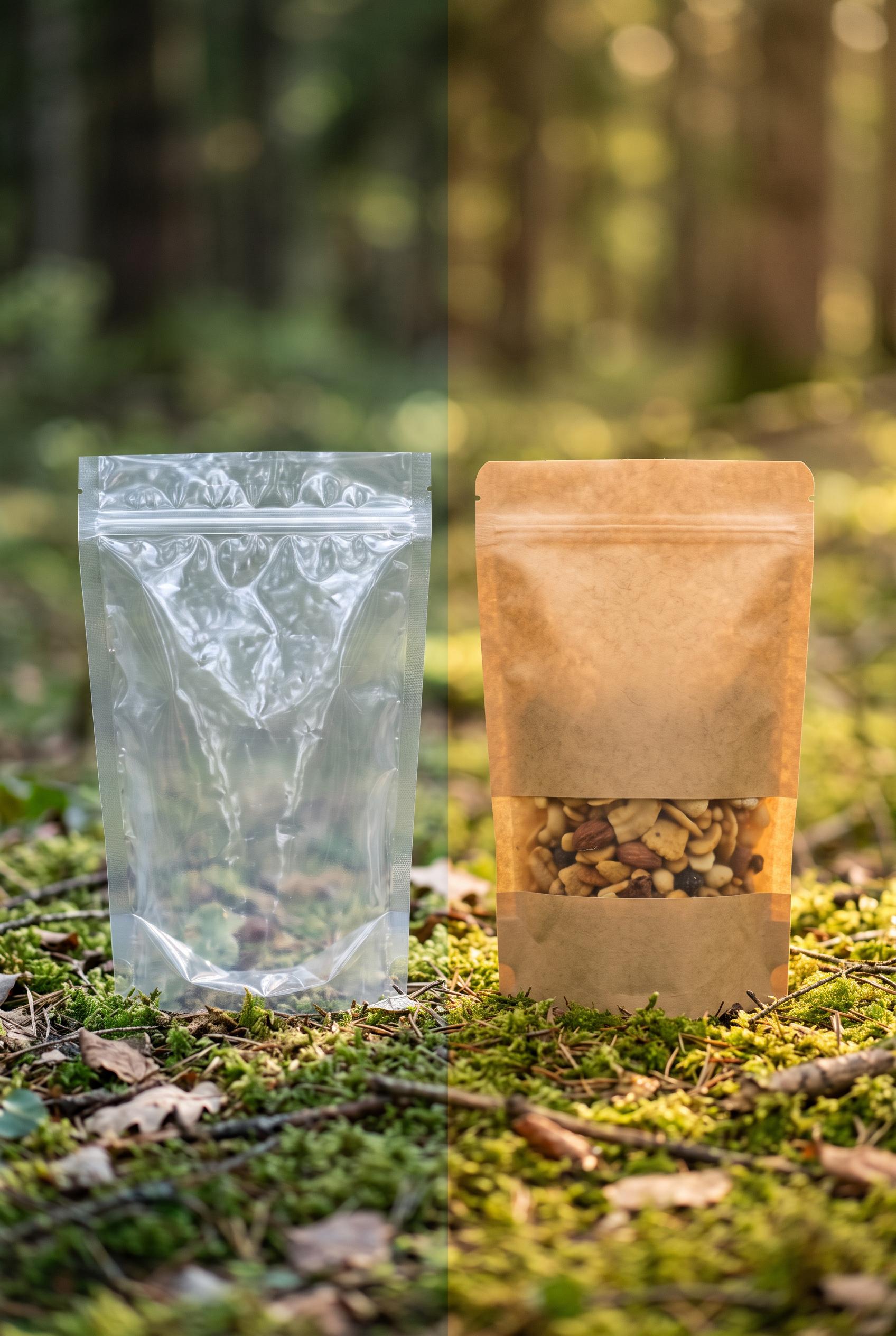 Create a vertical 2:3 composition showcasing the before (plastic) and after (biodegradable) packagin