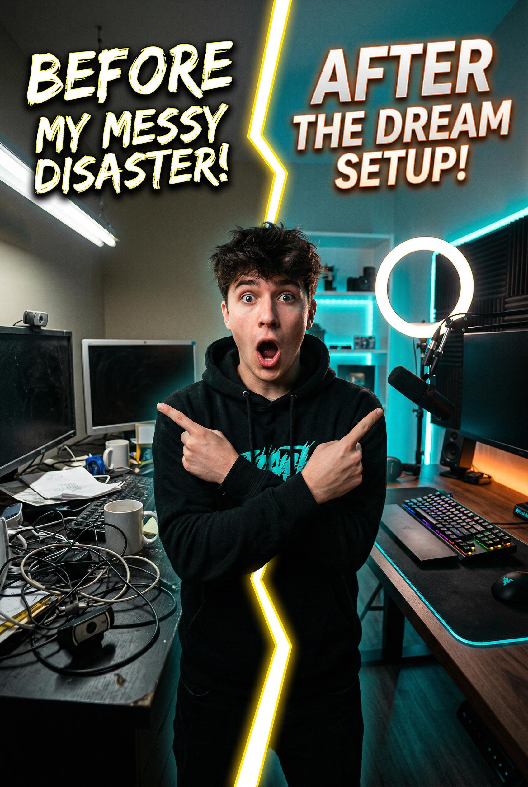 A split-composition YouTube thumbnail with the left side showing a cluttered messy desk with harsh unflattering overhead