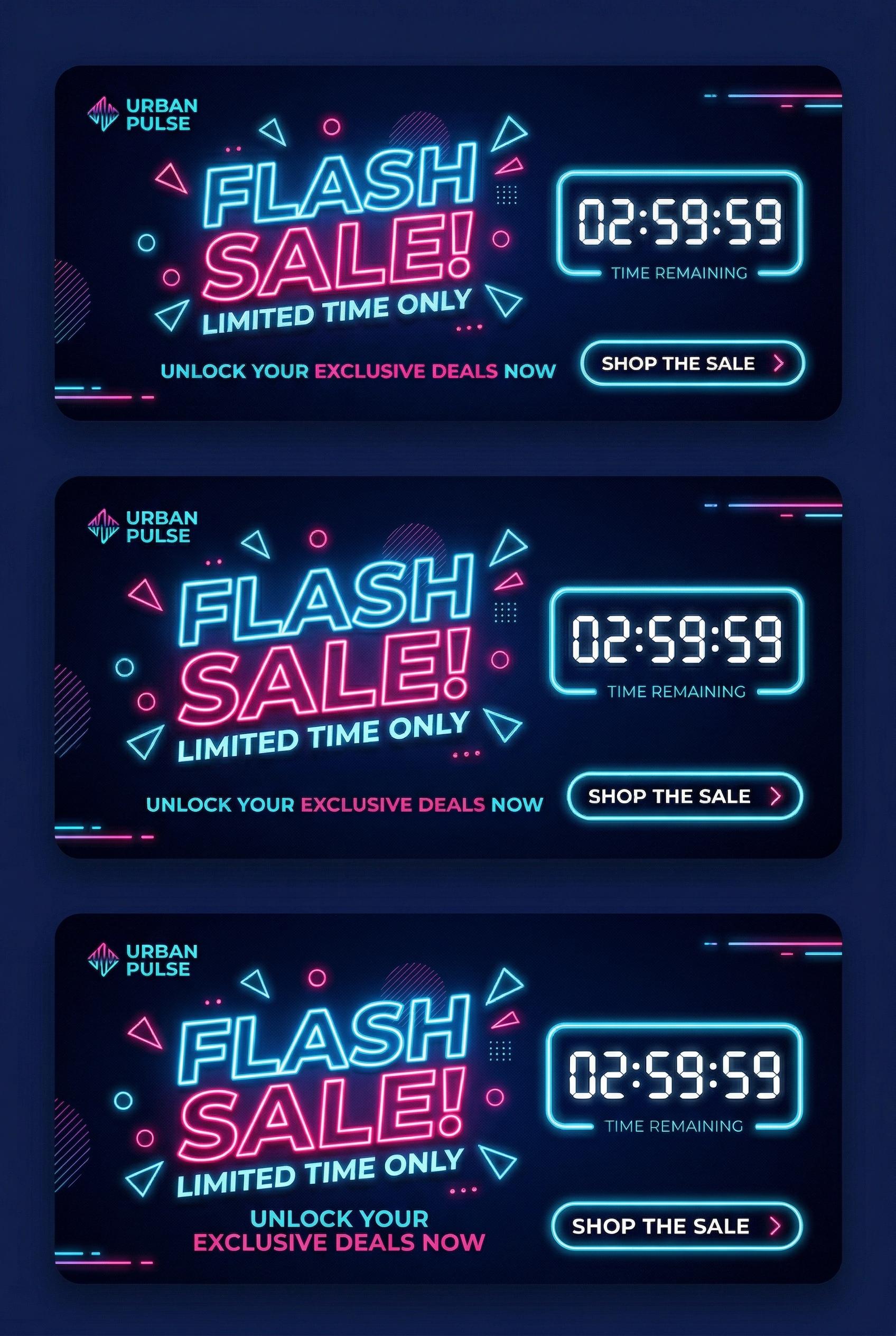 A bold email header banner design with a deep navy blue background, neon electric blue and hot pink glowing...
