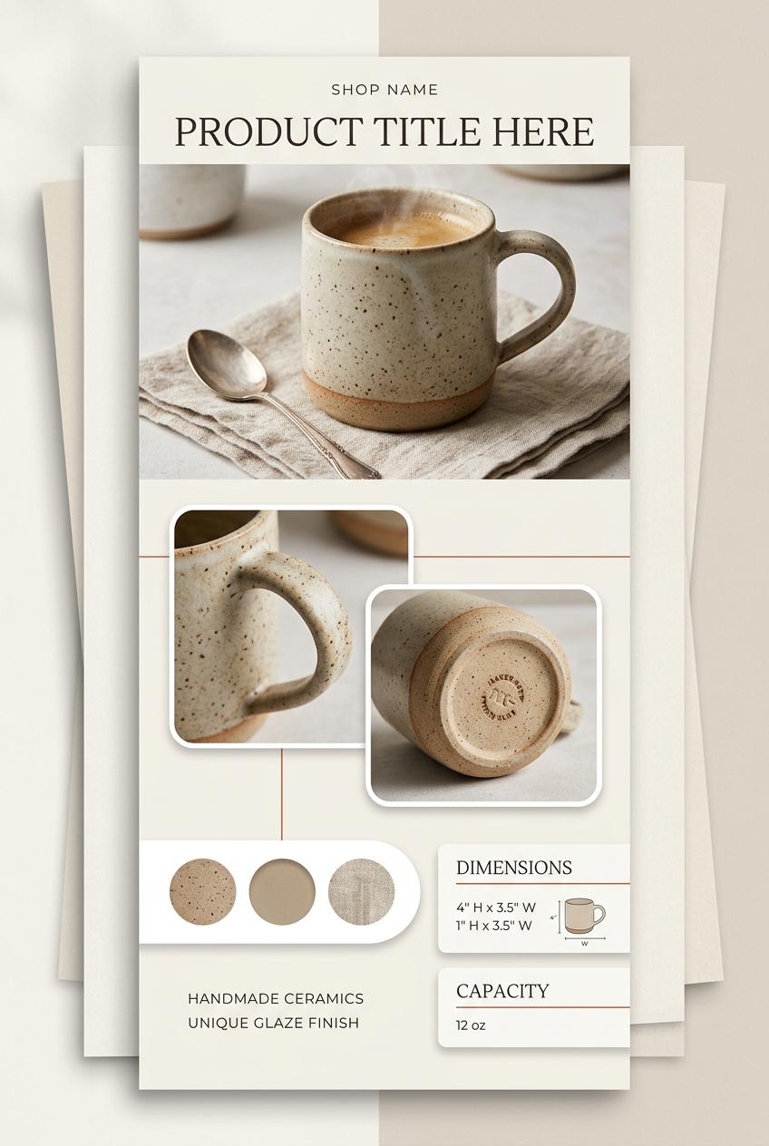 Create a premium vertical Pinterest pin for Etsy listing image ideas that is clearly different from a luxe handmade prod