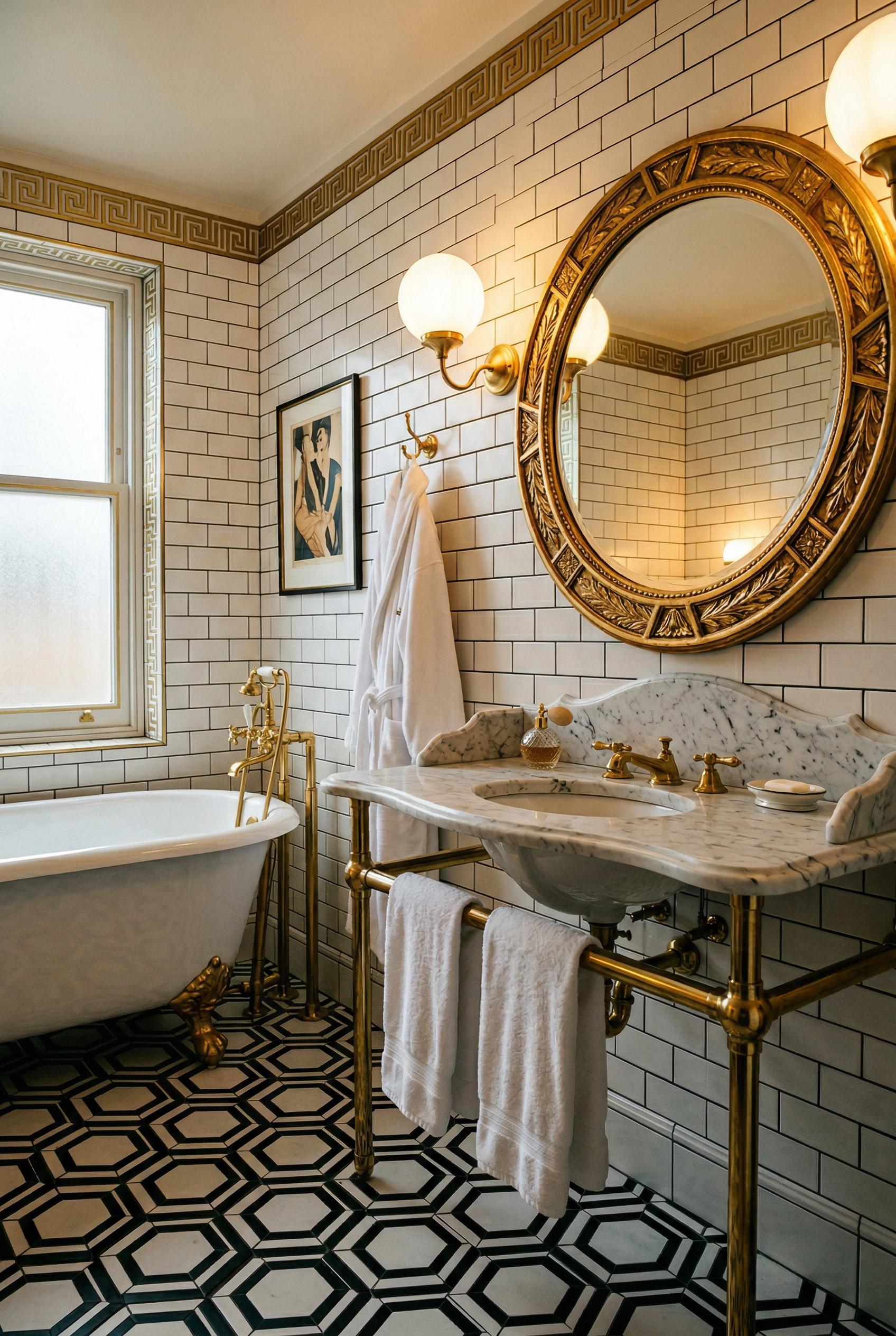 An elegant art deco bathroom with black-and-white geometric hexagonal floor tiles in a bold repeating pattern. A large r