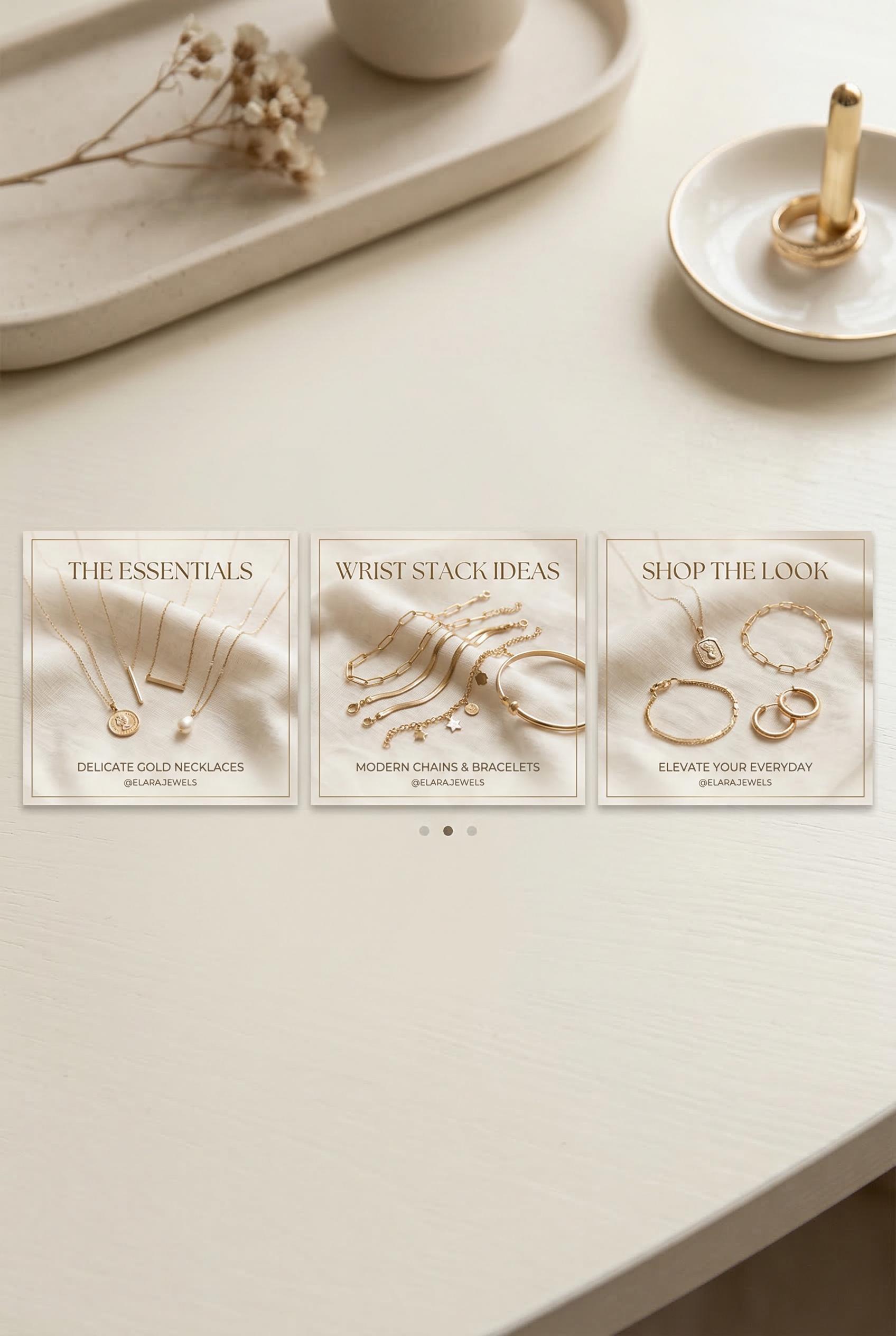 A stylish Instagram carousel template preview showing three side-by-side slides on a soft cream background, each slide d