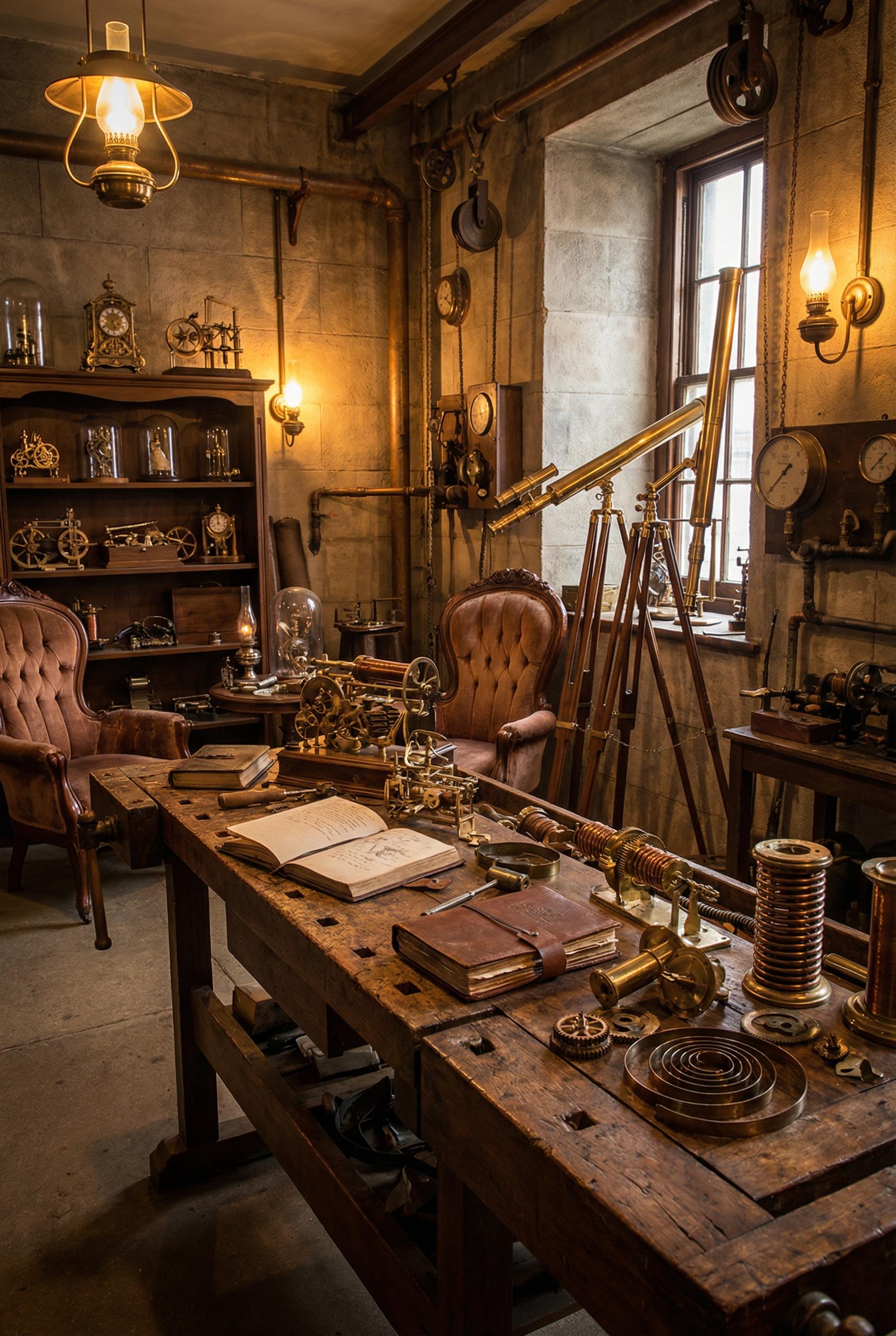 Steampunk inventor's workshop, cluttered workbench with mechanical projects, brass telescopes and cl