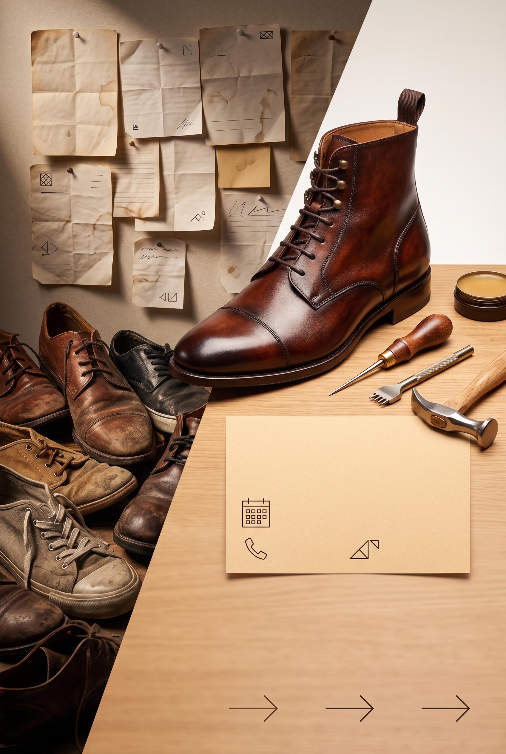 Create a commercial-quality vertical 2:3 Pinterest composition for an independent shoe repair studio