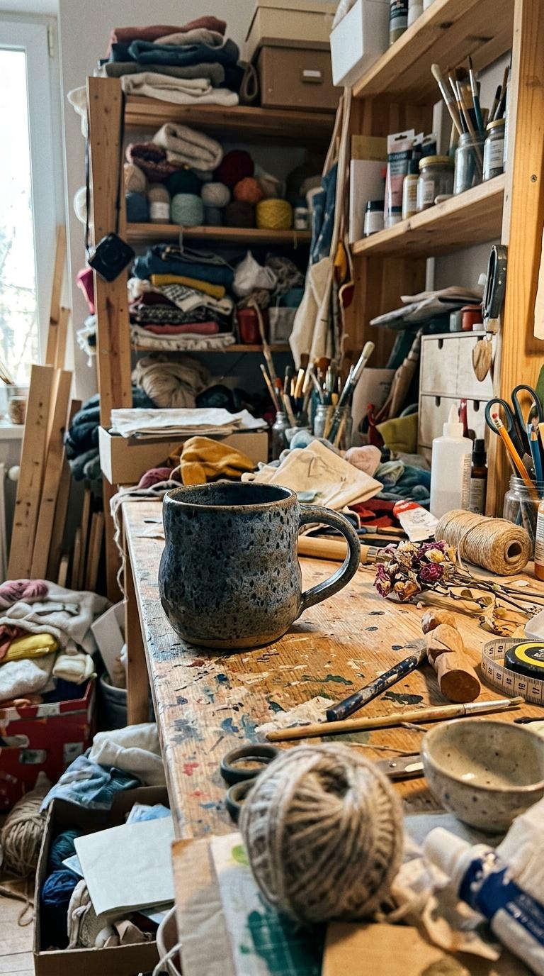 Amateur handheld phone photo of a handmade product in a busy home craft workspace, imperfect framing