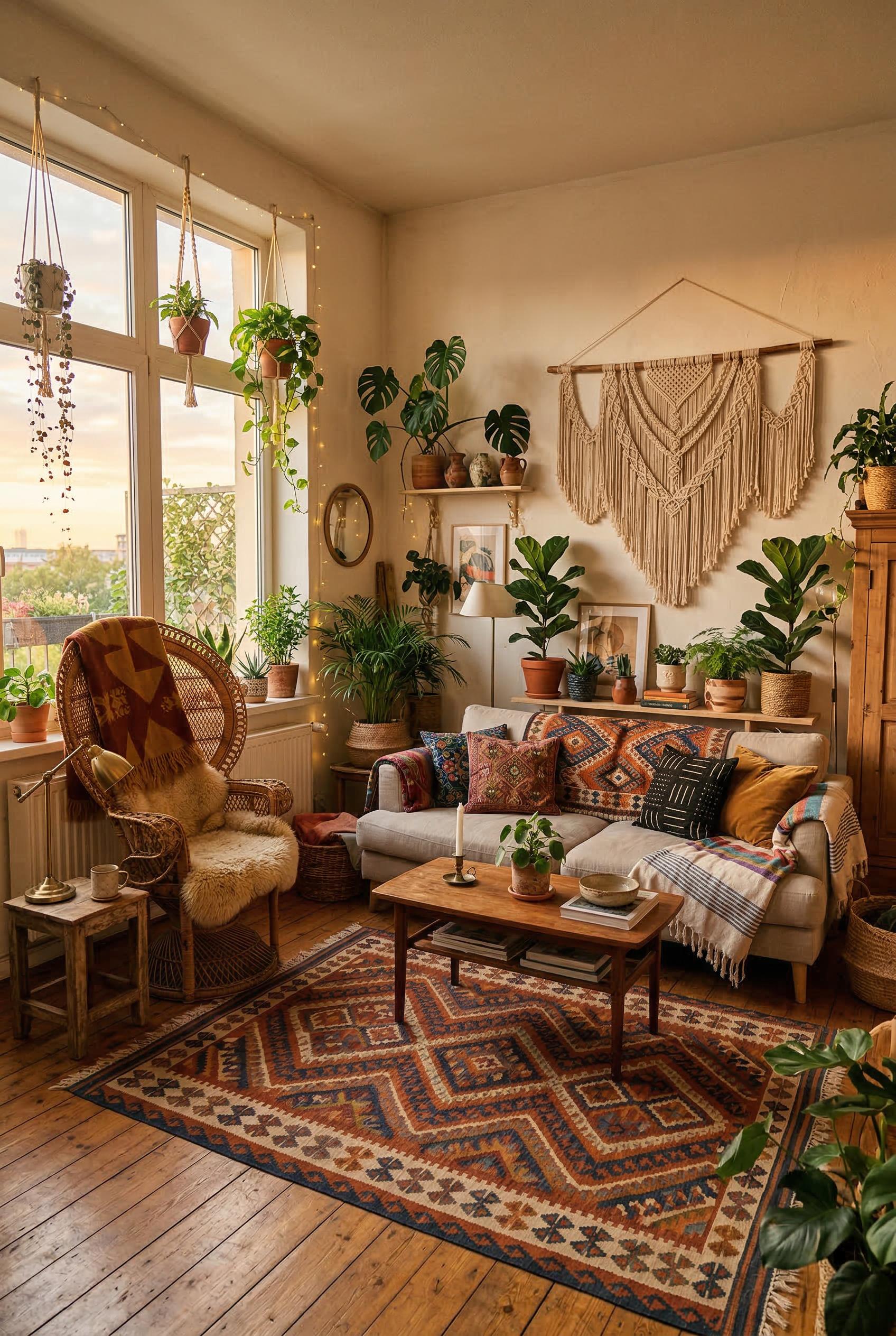 A bohemian living room with layered textiles, macrame wall hanging, colorful kilim rug, rattan peacock chair, lots of pl