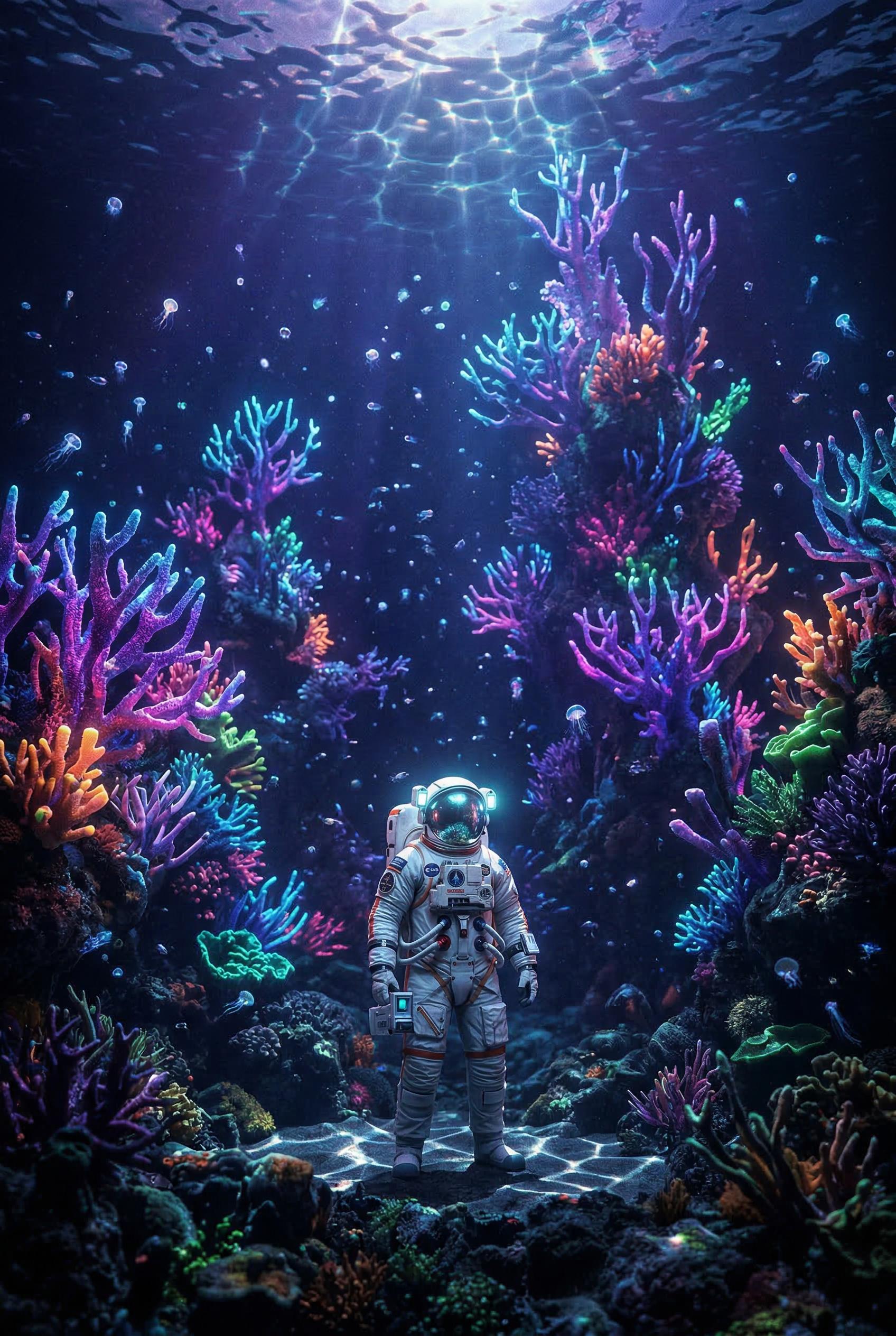 A lone astronaut in a detailed white spacesuit standing on a vibrant alien coral reef at the bottom of an extraterrestri