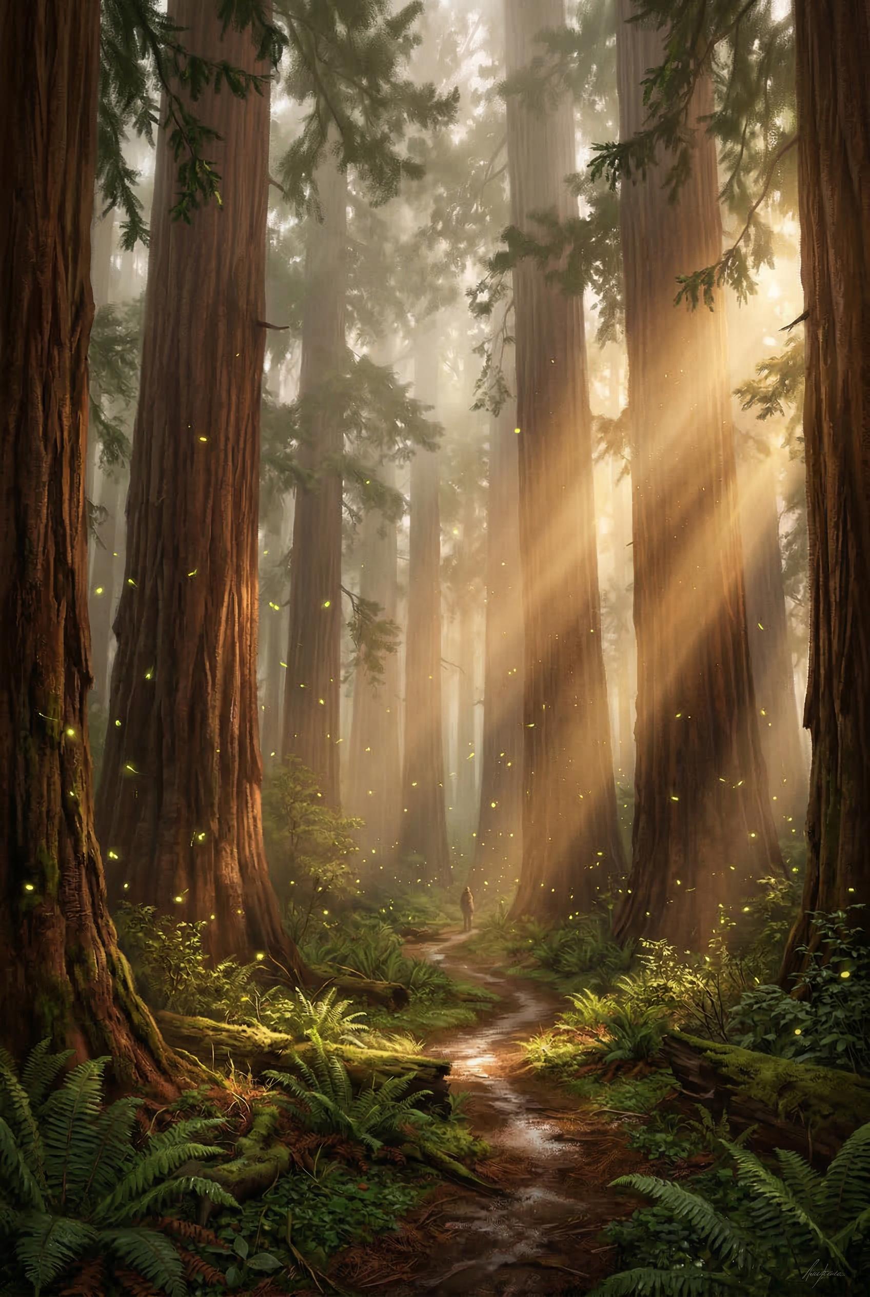 An ancient old-growth sequoia forest with towering massive red-barked tree trunks stretching impossibly high, dramatic s