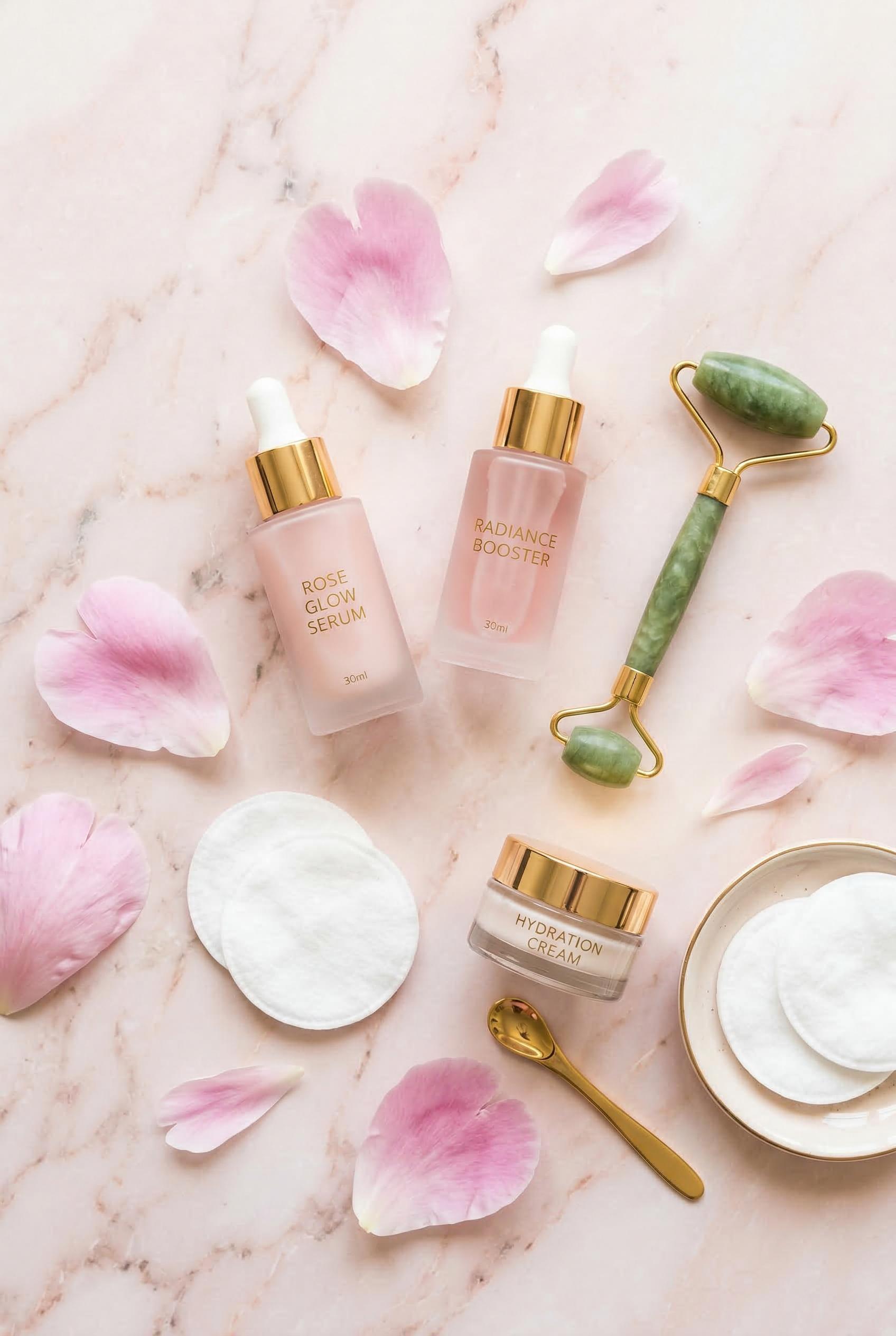 A vibrant overhead flat-lay of luxury skincare products arranged on a blush pink marble surface, including two frosted glass serum bottles with gold caps, a jade roller, scattered cotton pads, and small pink peony petals, bright natural lighting from above creating soft even shadows, clean pastel aesthetic with millennial pink and white color palette, top-down camera angle, beauty product photography, ultra realistic. Render in Photorealistic style.