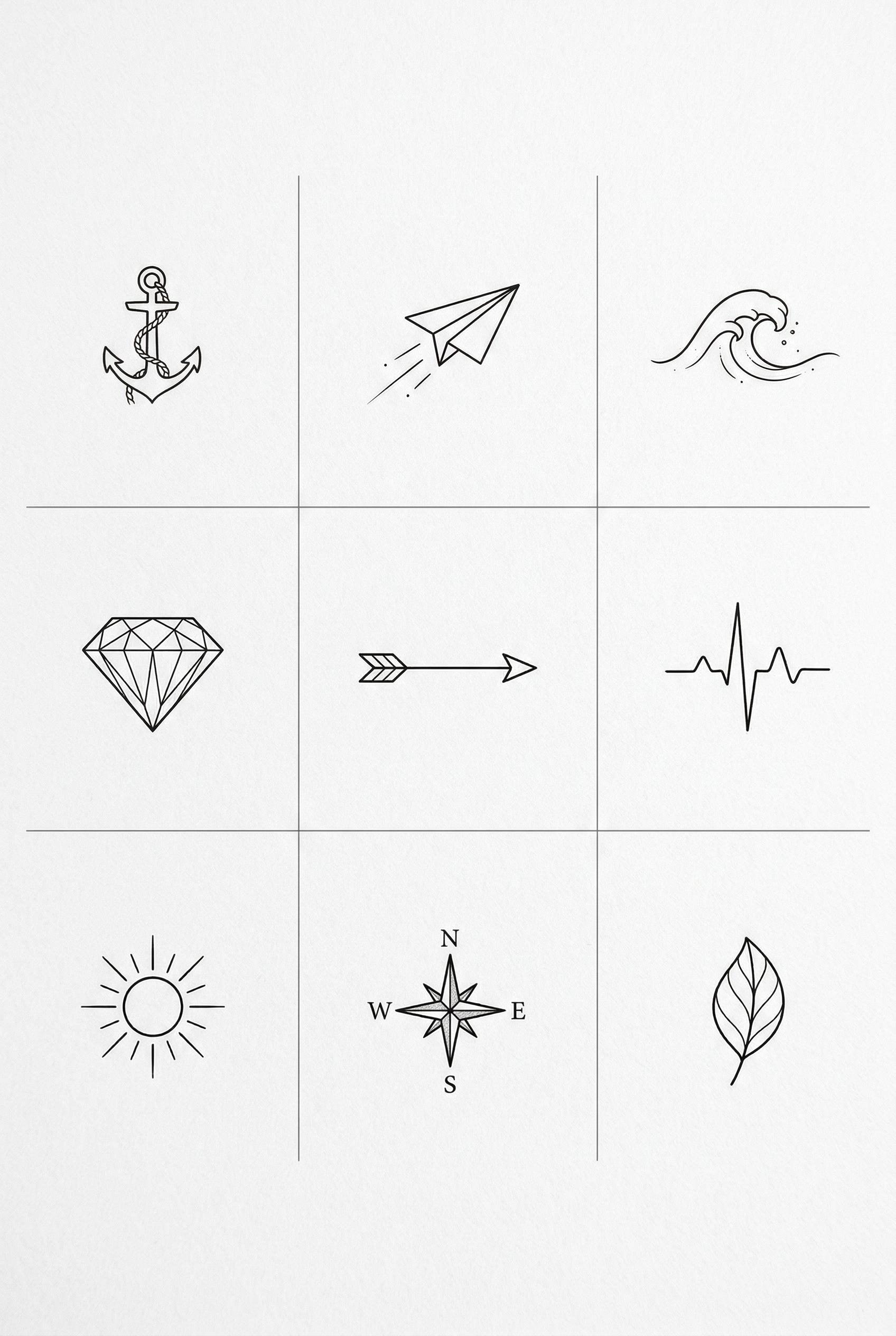 A clean 3x3 grid layout of 9 tiny fine-line tattoo designs on a white background, evenly spaced with minimal margins: (1