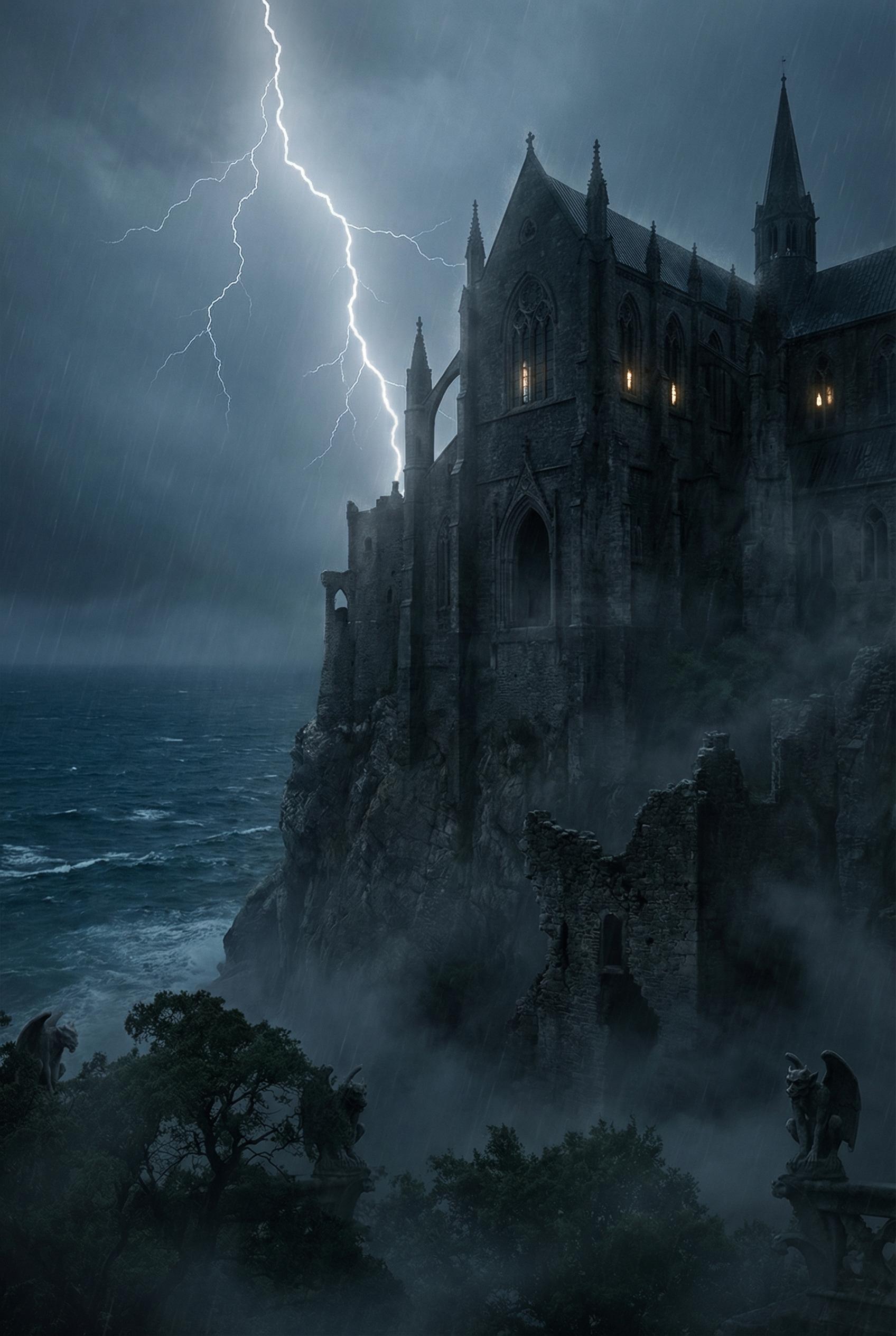 A dark, imposing gothic castle perched on a jagged cliffside during a thunderstorm, lightning striking, fog swirling at