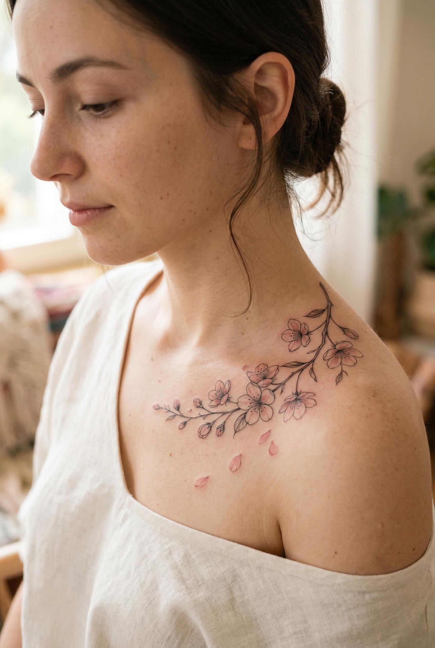 An elegant cherry blossom branch tattoo gracefully wrapping around a woman's collarbone, soft pink petals with delicate 