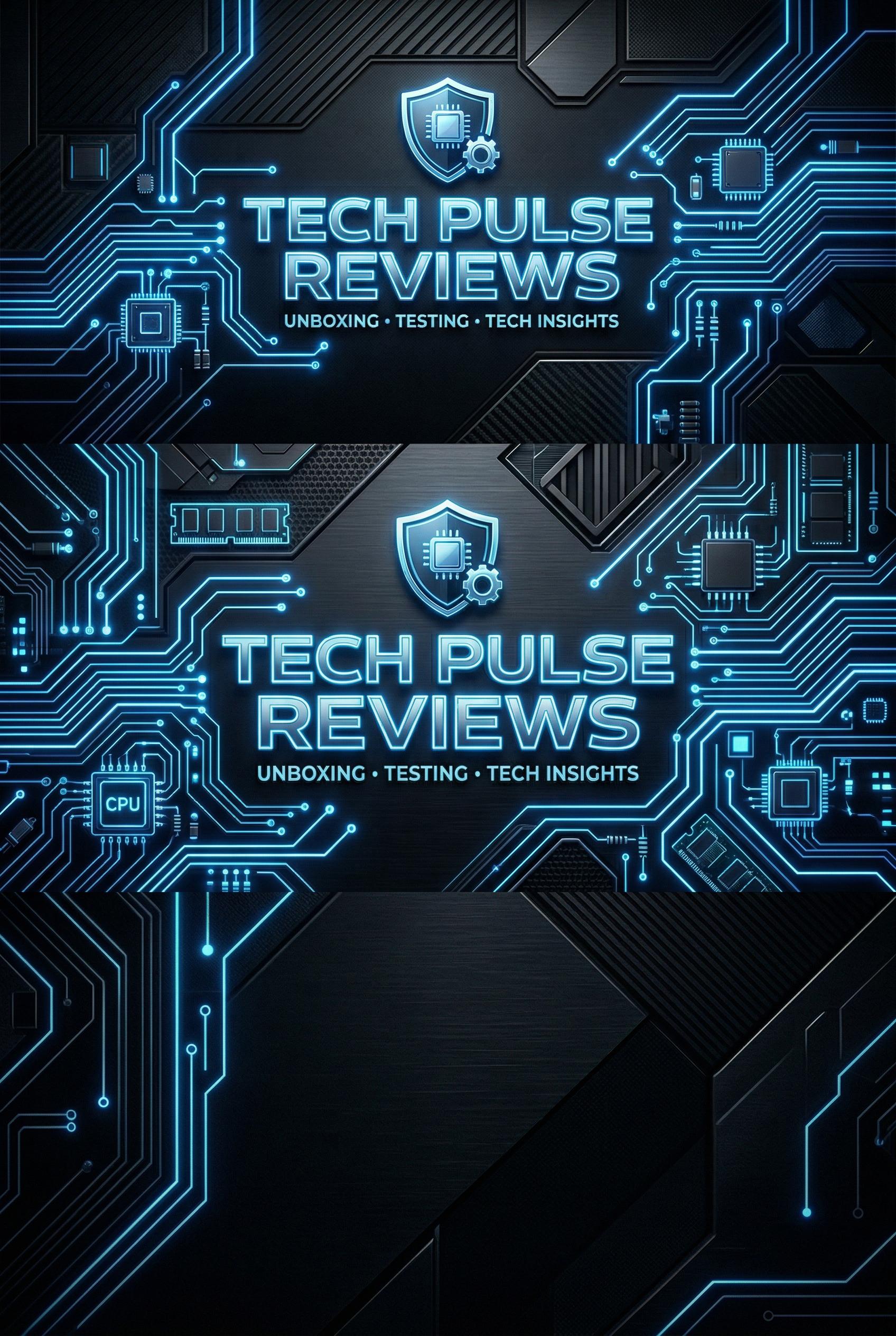 YouTube channel banner for a tech reviewer, abstract circuit board pattern, electric blue neon accents, dark premium bac