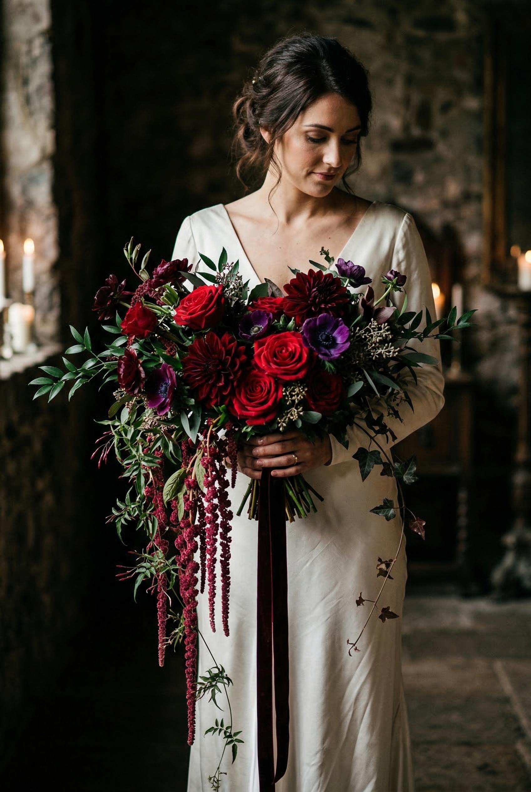A dramatic oversized cascading bridal bouquet featuring deep crimson red roses, rich burgundy dahlias, dark purple anemo