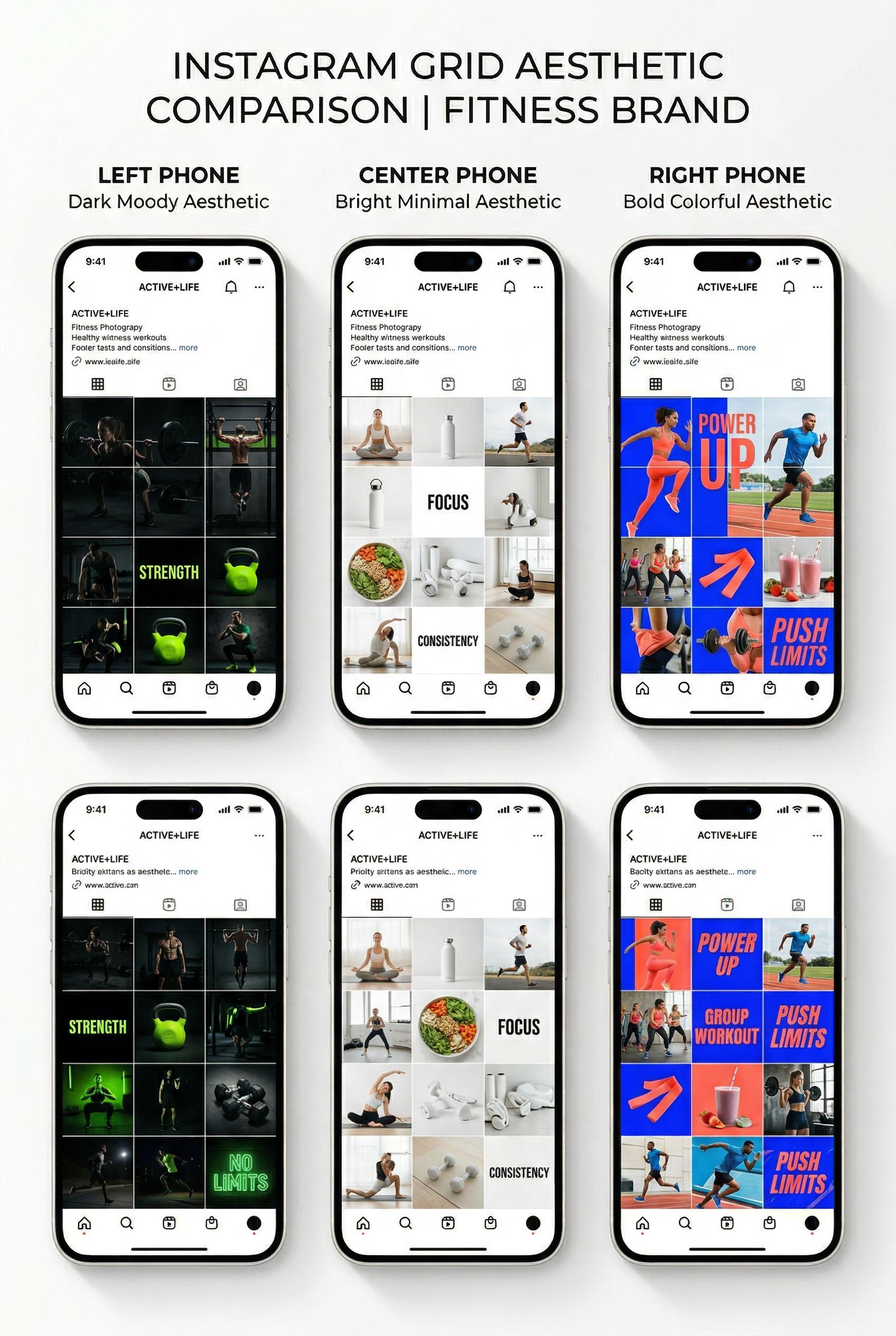 A side-by-side comparison of three different Instagram 9-post grid aesthetic previews displayed on white iP...