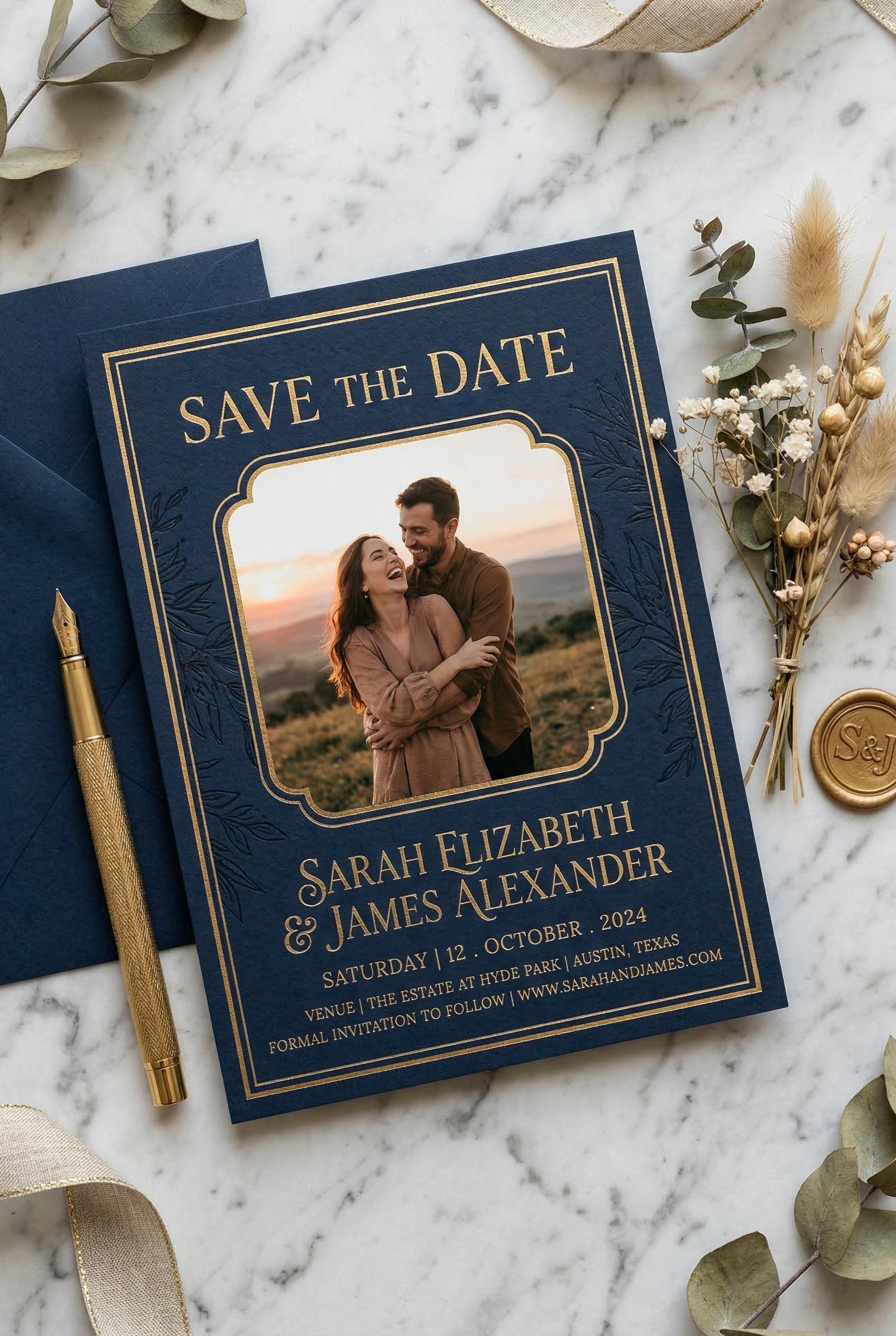 A modern save the date card with a gold foil border, elegant serif typography, a romantic couple photo frame effect, on 