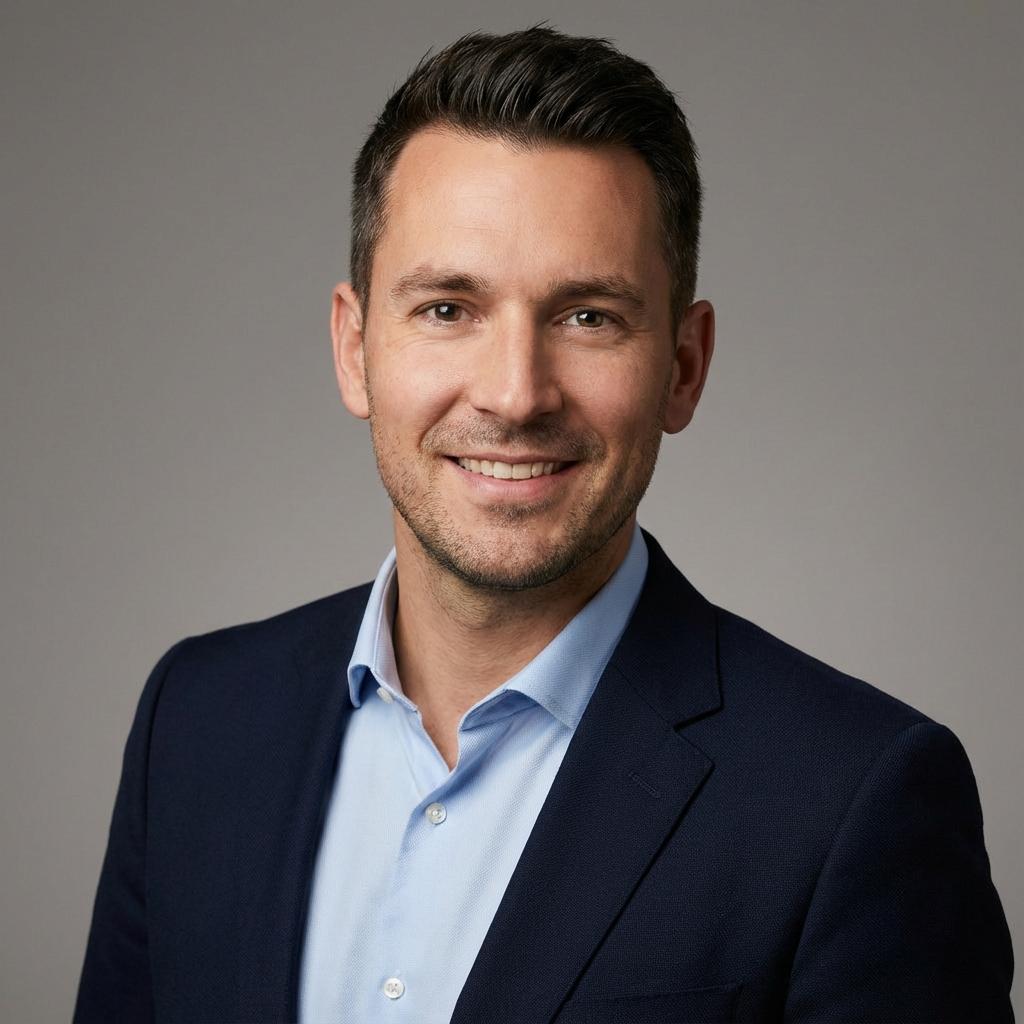 Professional business headshot of a confident person in formal attire, soft studio lighting, neutral gray background, sh