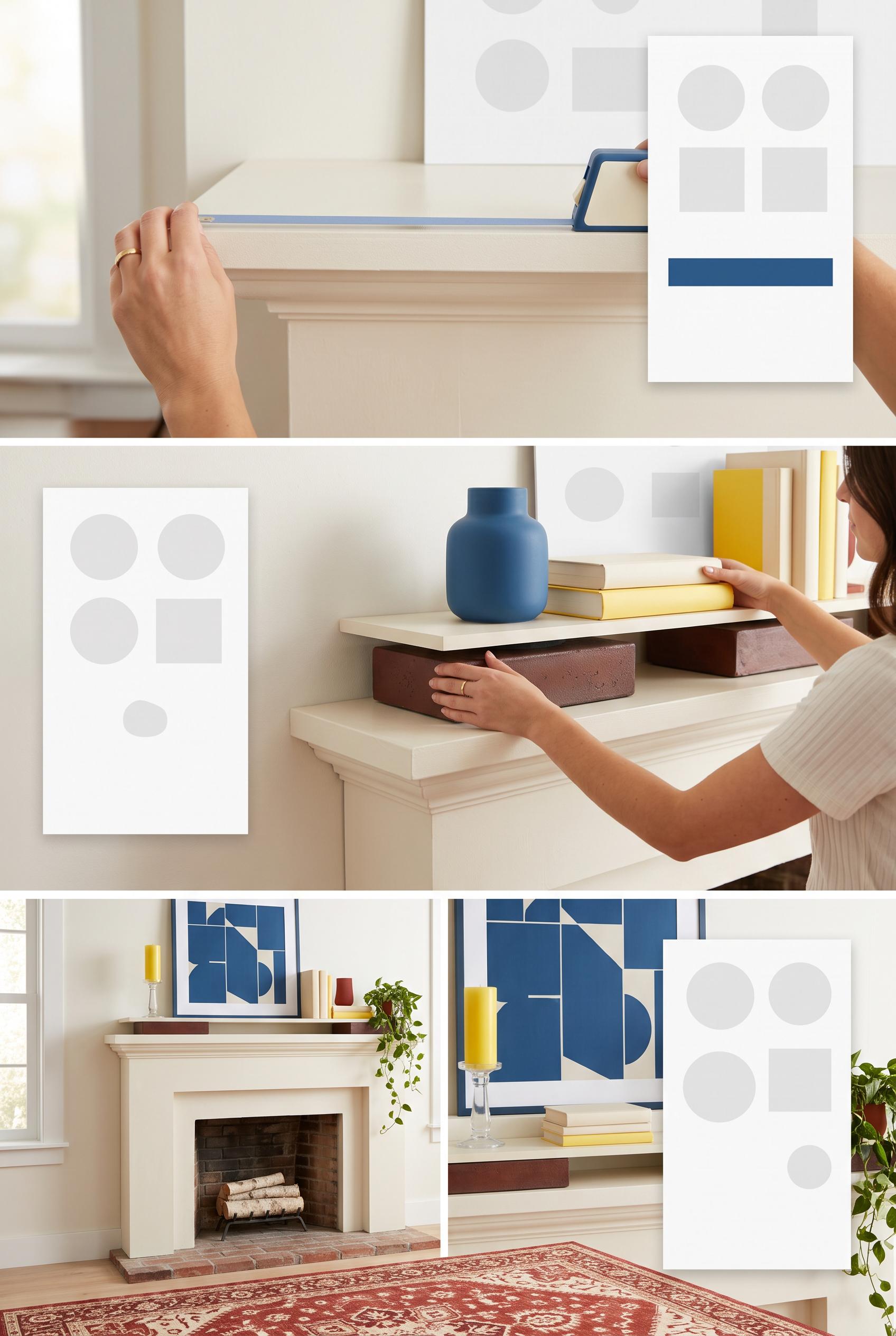 Create a commercial-quality interior styling tutorial in a vertical 2:3 Pinterest composition. Use a three-...
