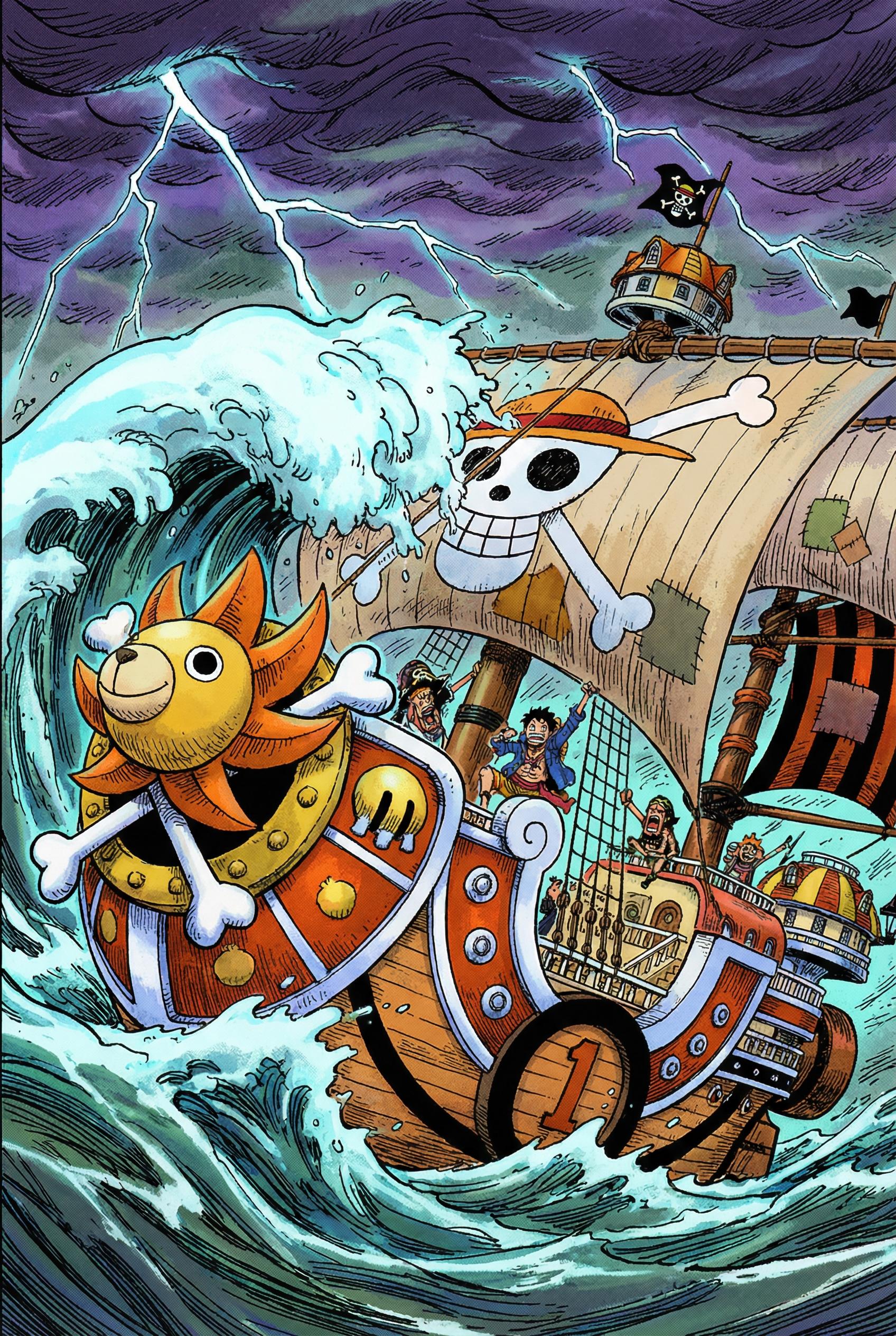 Dynamic pirate ship sailing through stormy seas, Thousand Sunny style vessel with detailed rigging, 