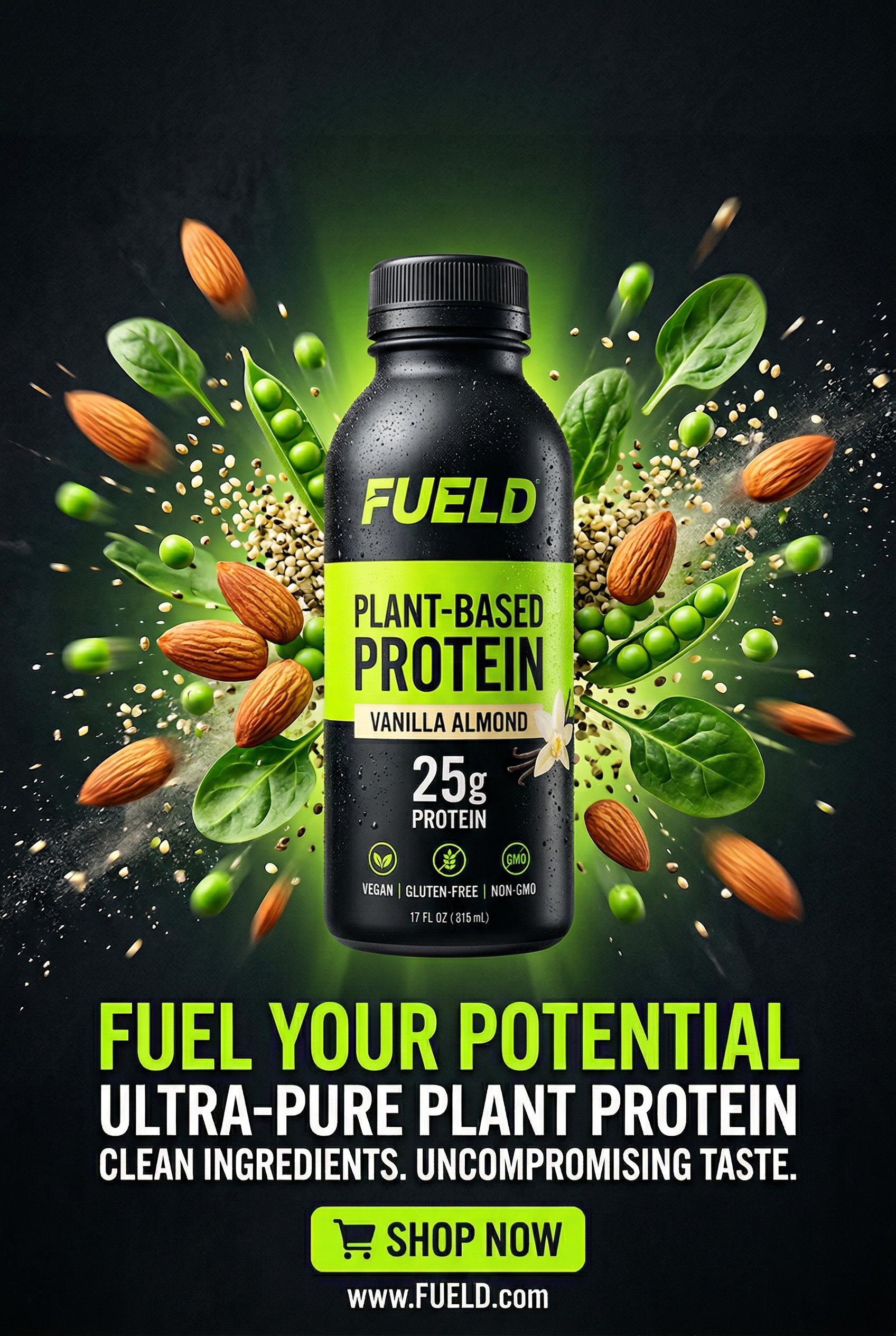 A high-converting Facebook ad creative mockup for a plant-based protein brand, featuring a tall slee