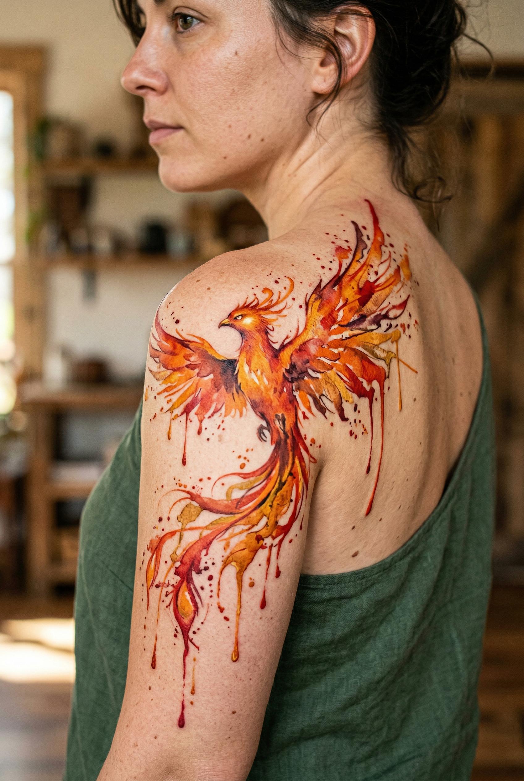A dynamic watercolor phoenix tattoo rising upward on the shoulder, wings spread wide and aflame, rendered in vivid orang