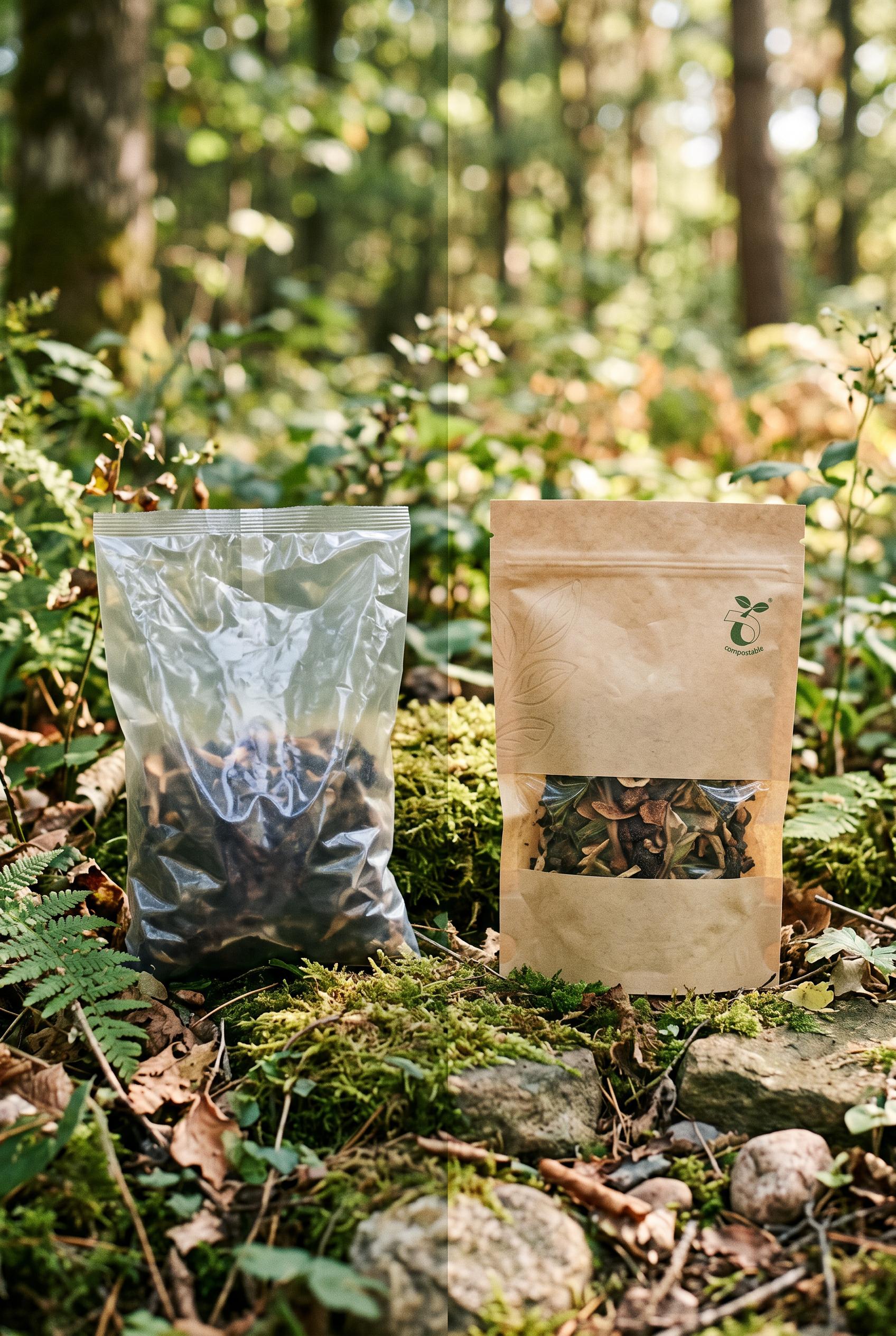 Create a vertical 2:3 composition showcasing the before (plastic) and after (biodegradable) packagin