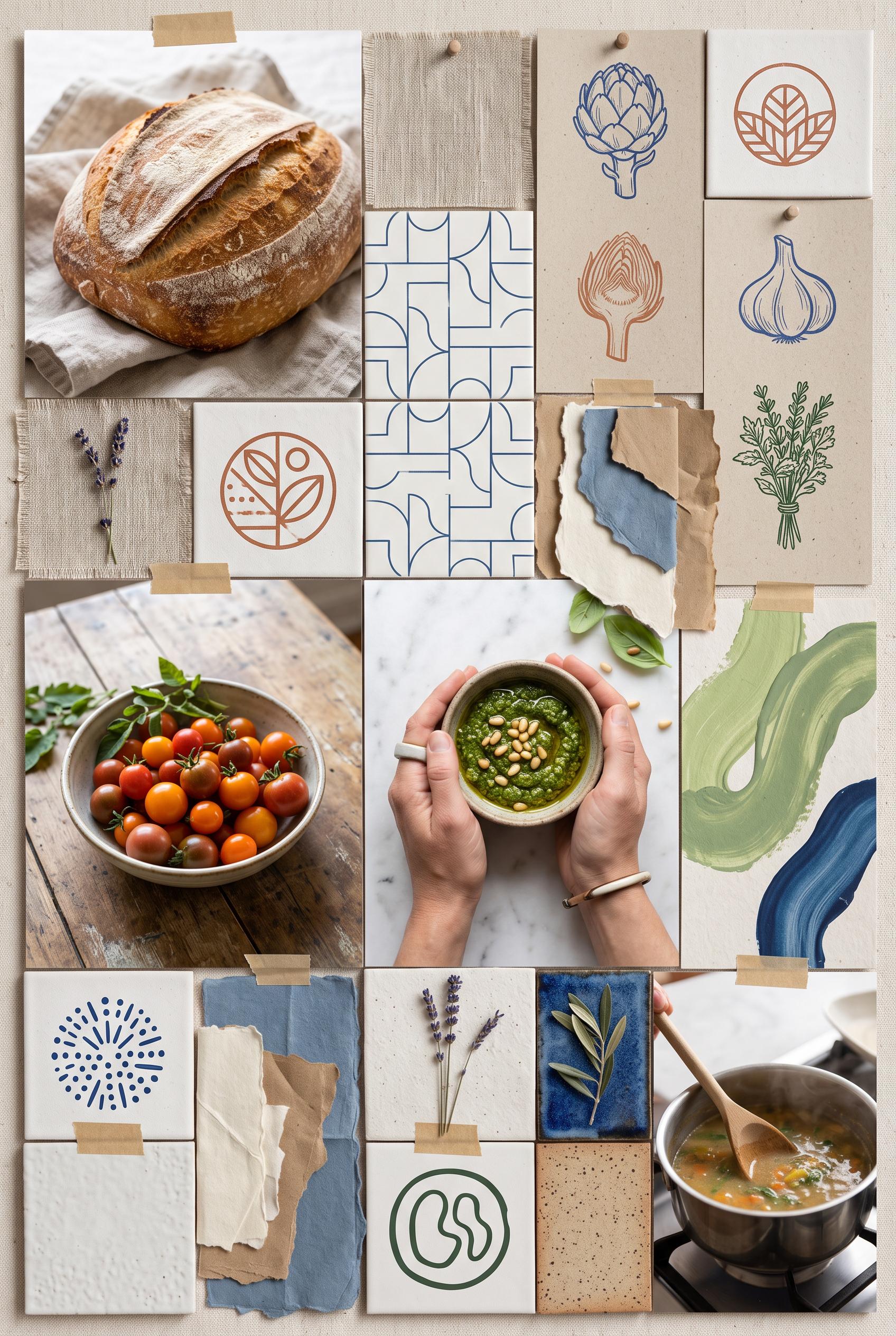Create a commercial-quality vertical 2:3 Pinterest moodboard for a slow-living recipe creator person
